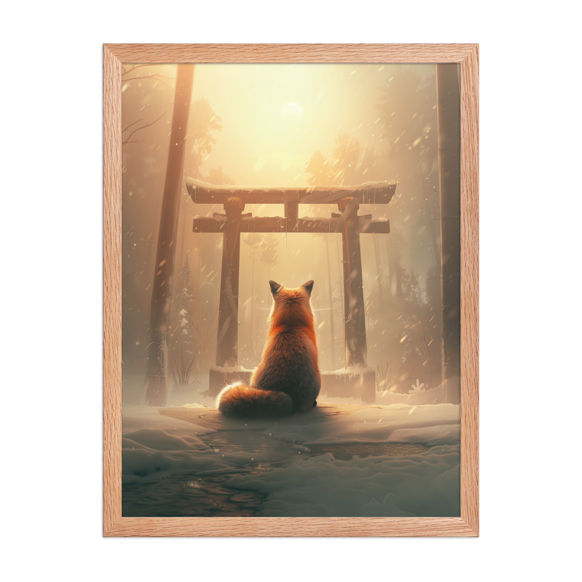 Fox Spirit at Torii — Cinematic Fox in Snowy Shrine Light Wall Decor — Framed Poster - Image 14