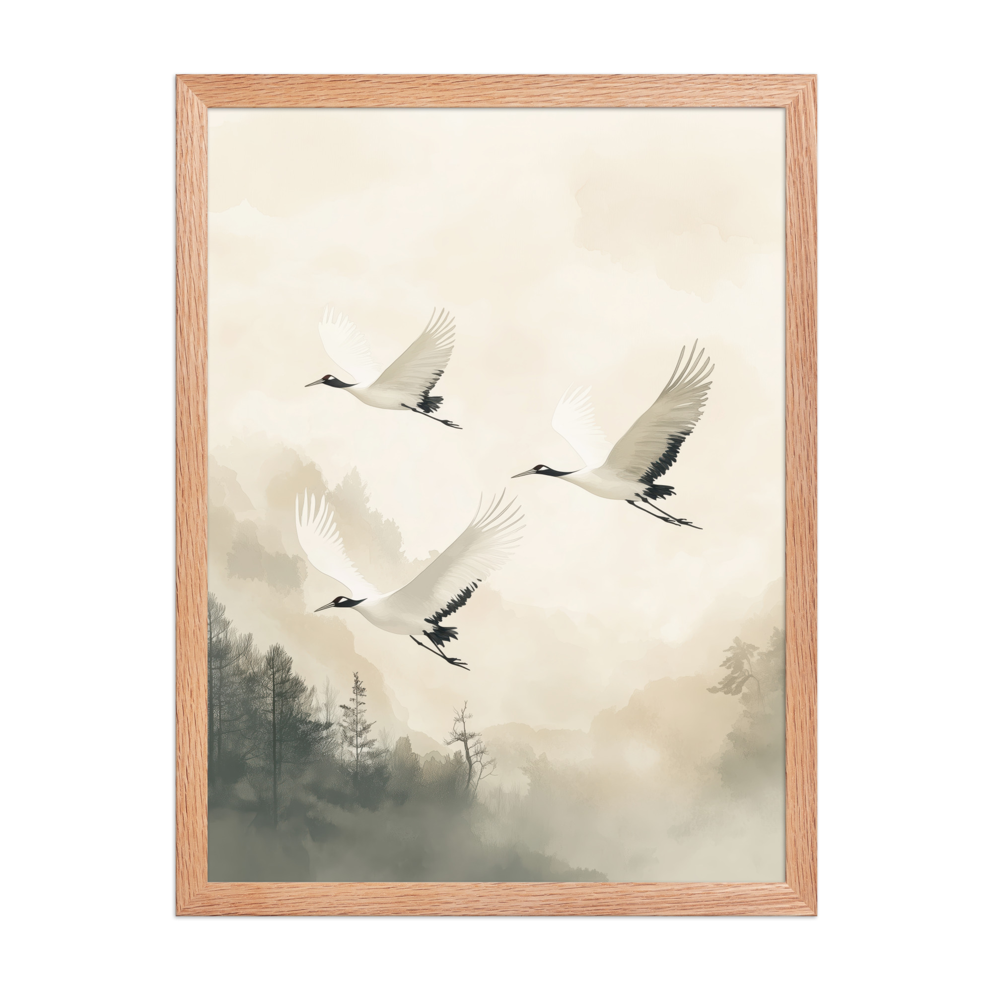 Cranes of Serenity — Misty Forest Flight Bird Wall Art — Framed Poster - Image 12