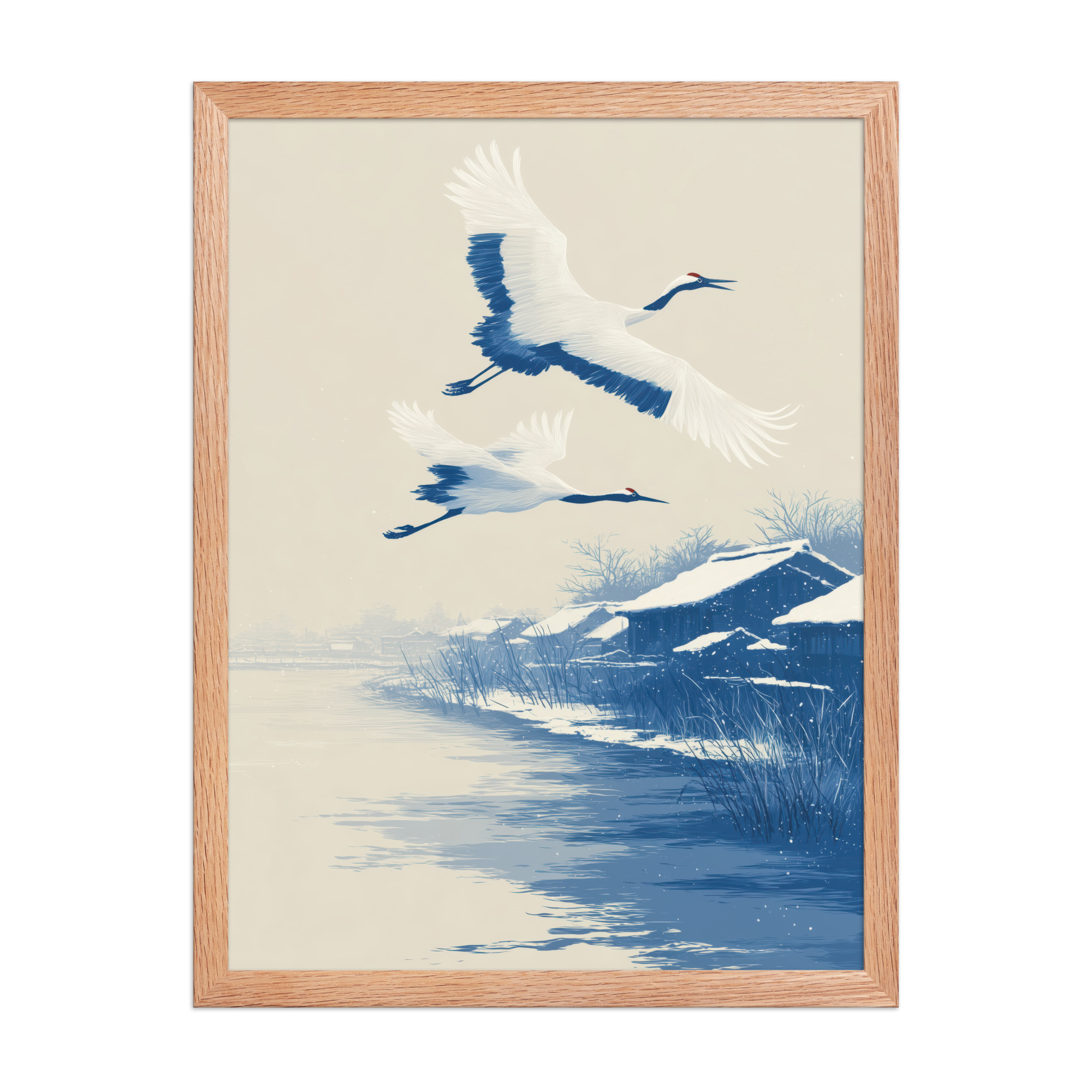 Cranes in Winter Sky — Ukiyo-e Birds over Snowy River Village Wall Art — Framed Poster - Image 10