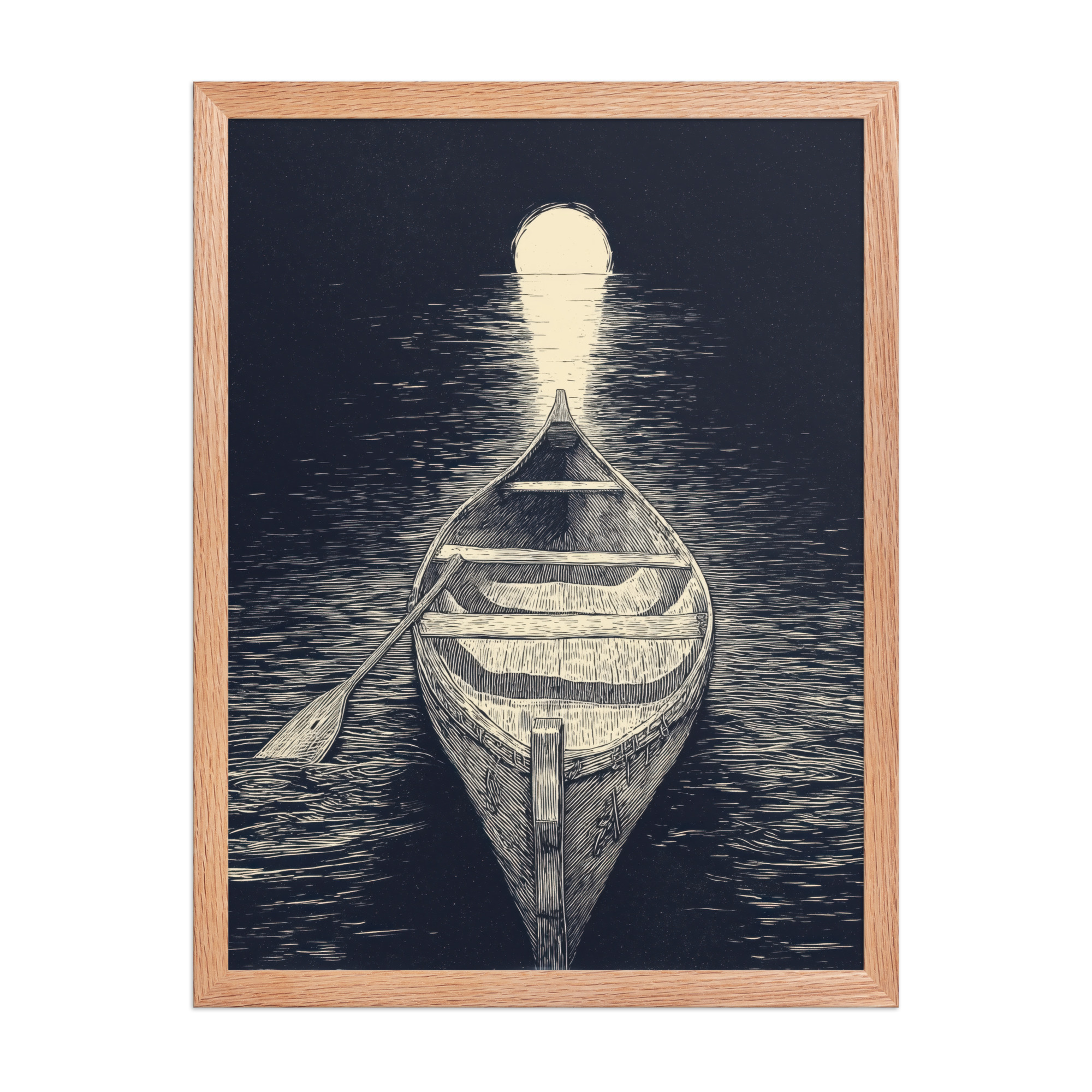 Moonlit Canoe — Woodcut Night Lake Wall Art — Framed Poster - Image 9
