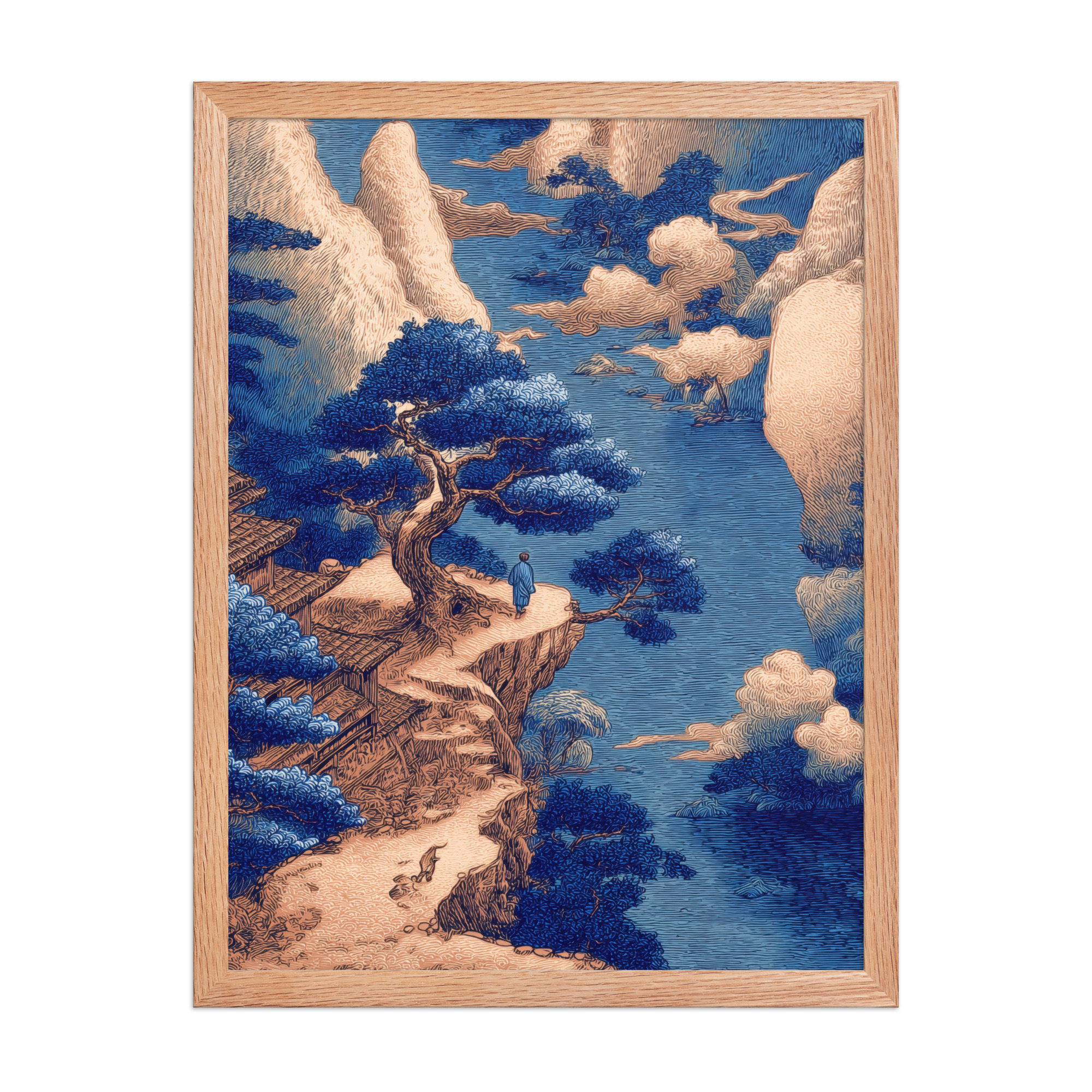 Cliffside Temple View – Blue Ukiyo-e Landscape Wall Art – Framed Poster - Image 14