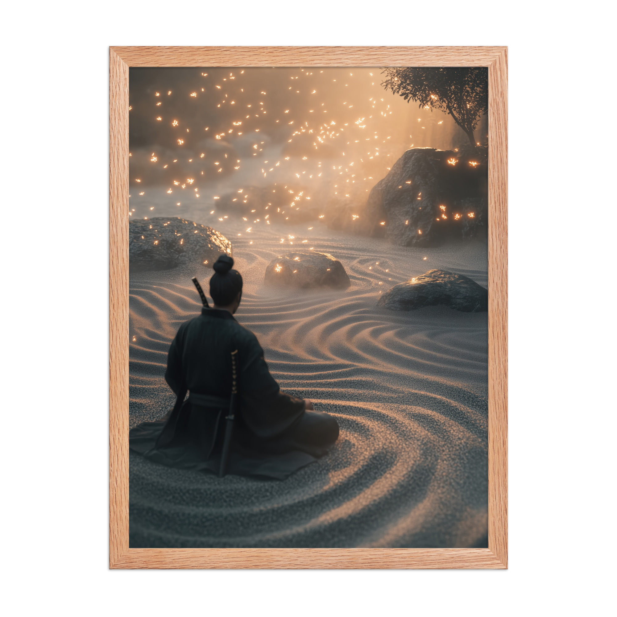 Zen Samurai – Fireflies in Zen Garden Japandi Samurai Wall Art – Framed Poster - Image 10