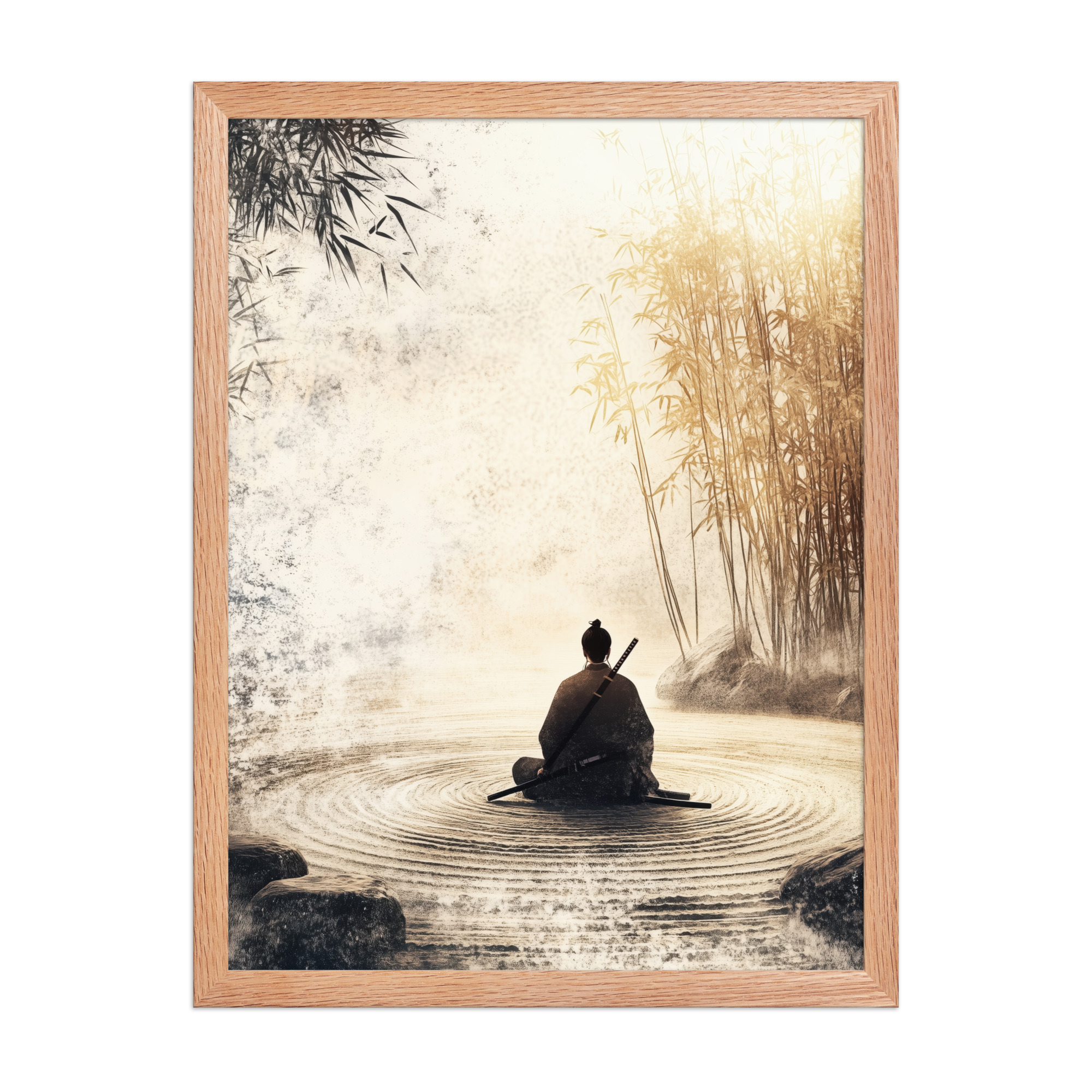 Zen Samurai in Bamboo Light – Neutral Sumi-e Ink Samurai Meditation Wall Art – Framed Poster - Image 10