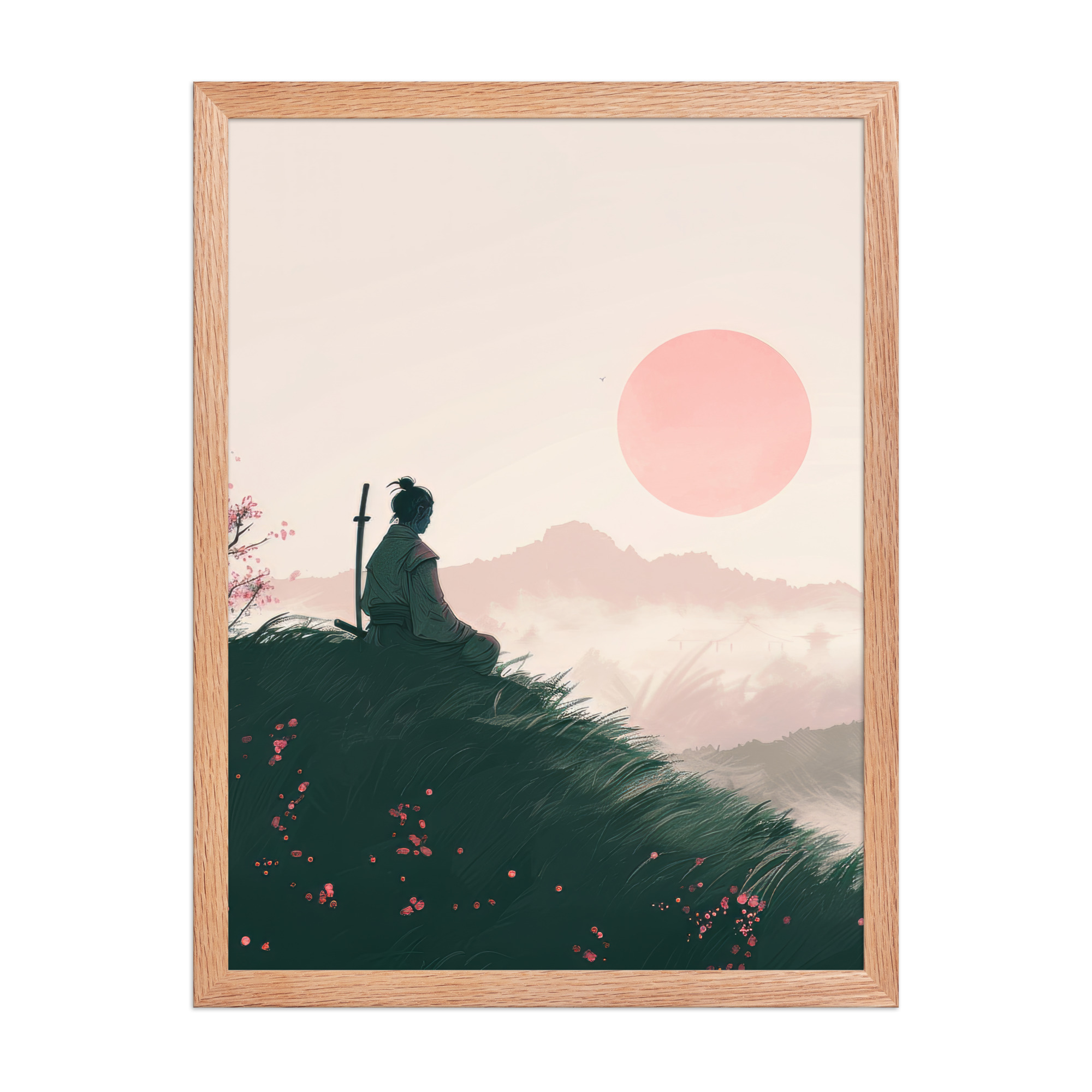 Samurai at Dawn – Pink Sun Over Hills Quiet Strength at Daybreak Wall Decor – Framed Poster - Image 12