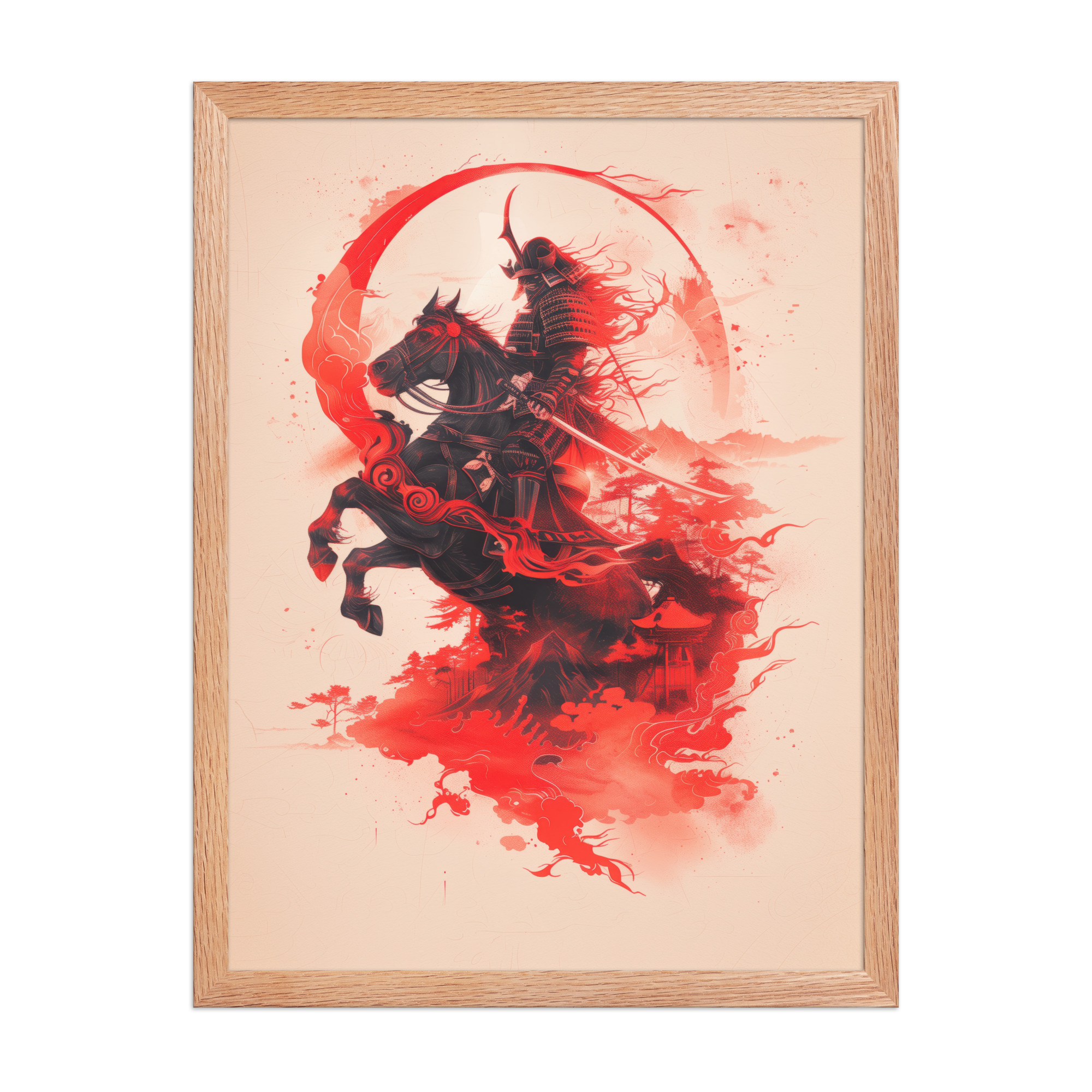Crimson Charge – Samurai on Horseback Flaming Arc of Courage Wall Art – Framed Poster - Image 8