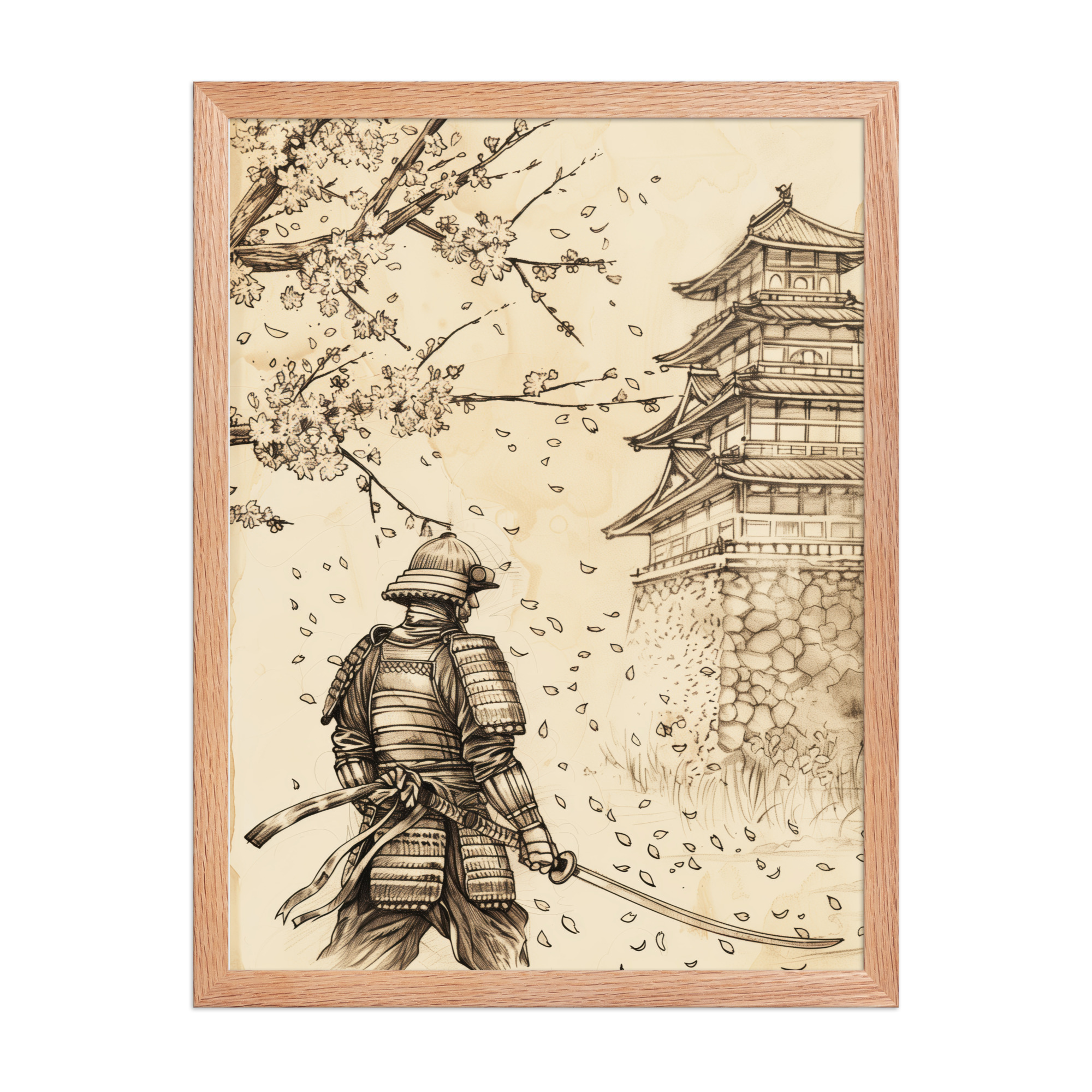 Samurai Under Cherry Blossoms – Castle Breeze and Falling Petals Wall Art – Framed Poster - Image 4