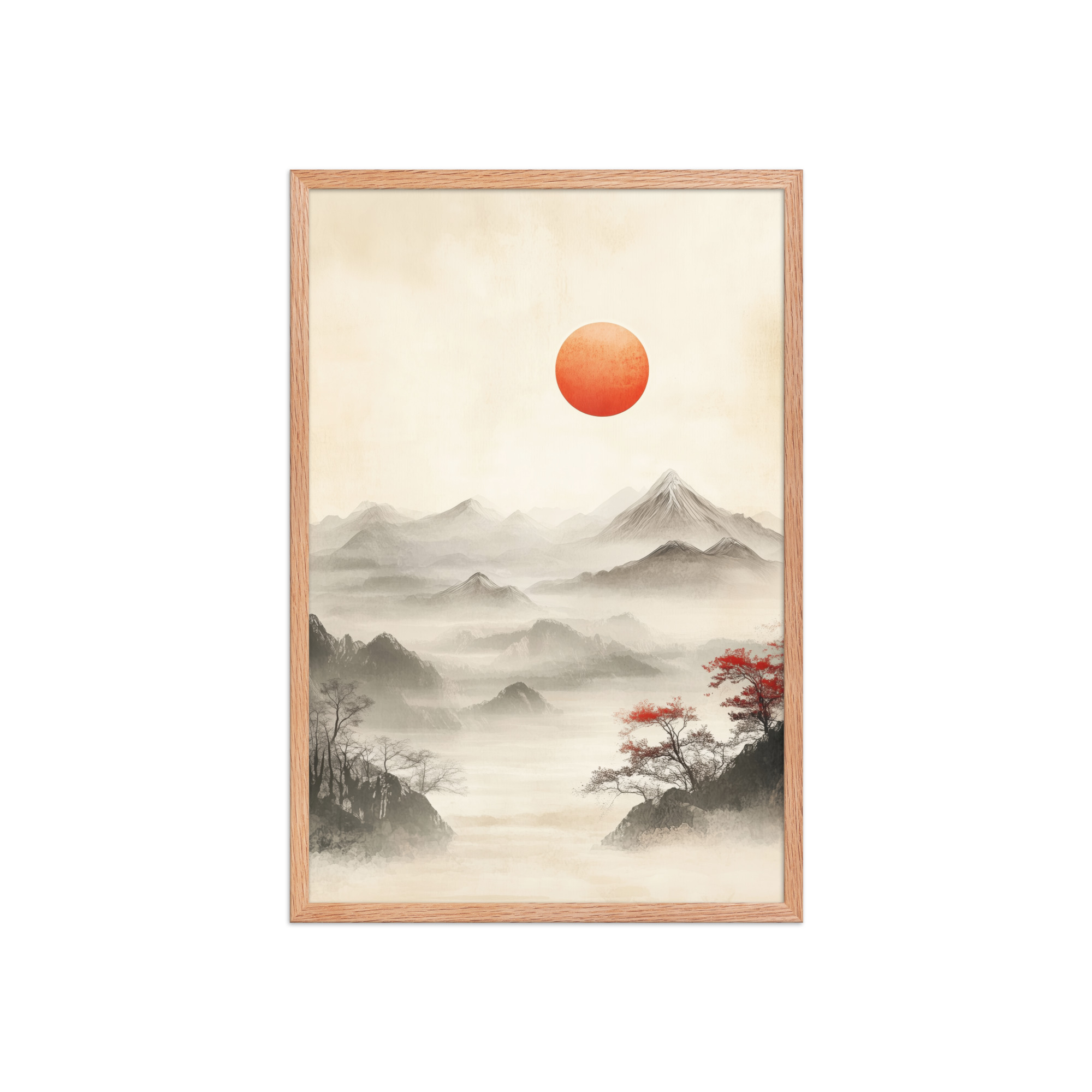 Red Sun Over Silent Peaks — Misty Ink Mountain Landscape Wall Art — Framed Poster - Image 13