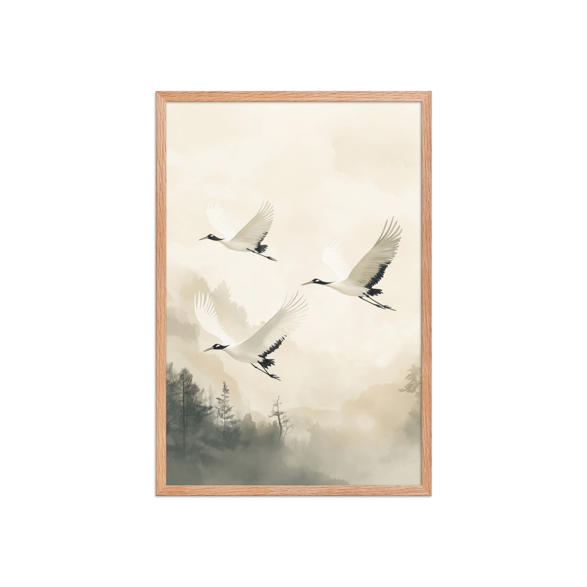 Cranes of Serenity — Misty Forest Flight Bird Wall Art — Framed Poster - Image 13