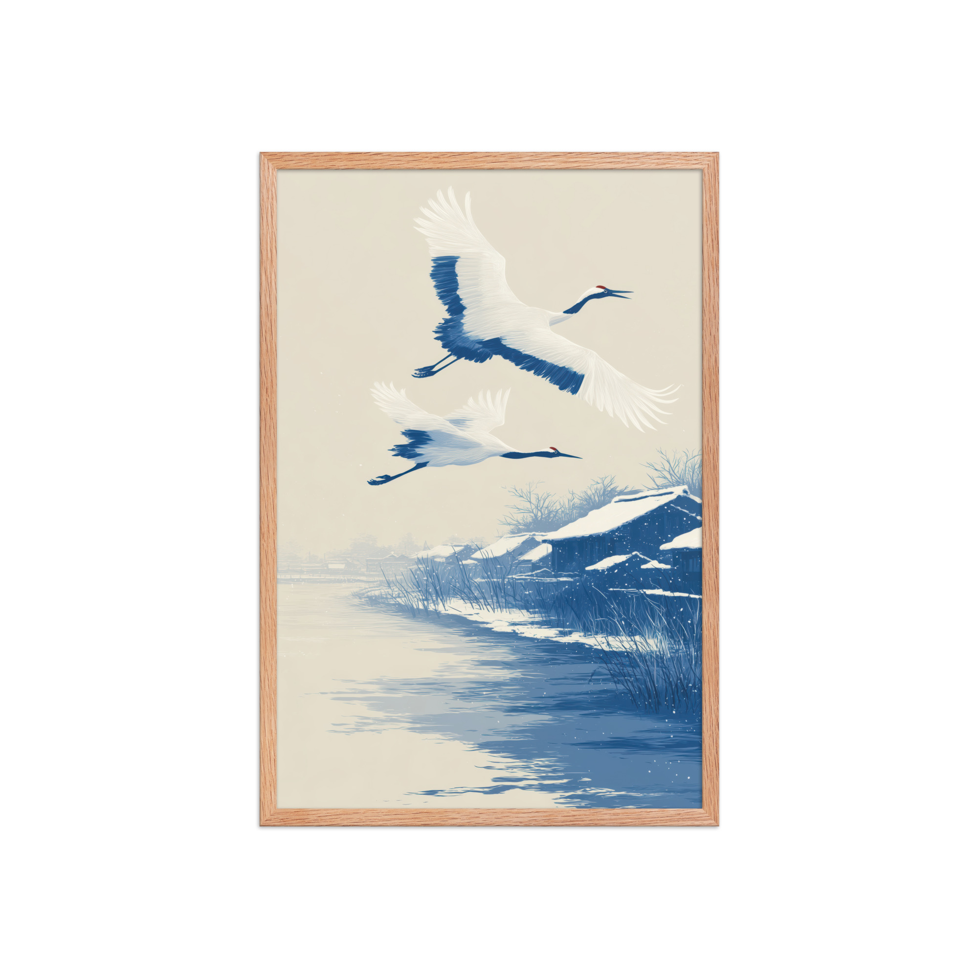 Cranes in Winter Sky — Ukiyo-e Birds over Snowy River Village Wall Art — Framed Poster - Image 11
