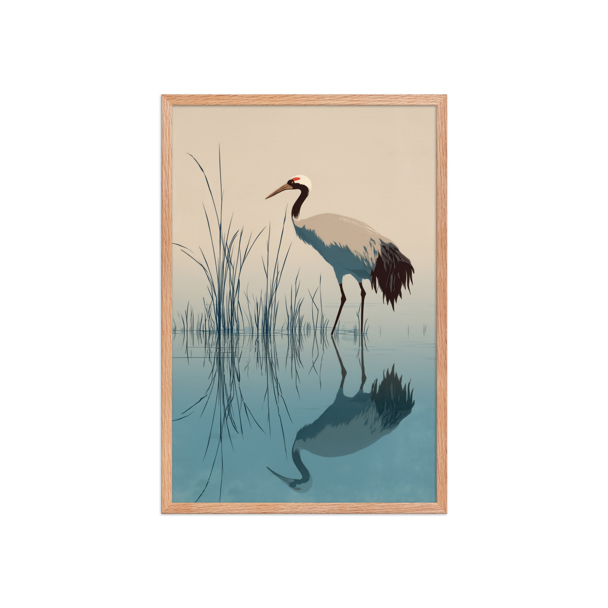 Crane and Reflection Stillness – Minimal Ukiyo-e Bird Wall Art – Framed Poster - Image 15