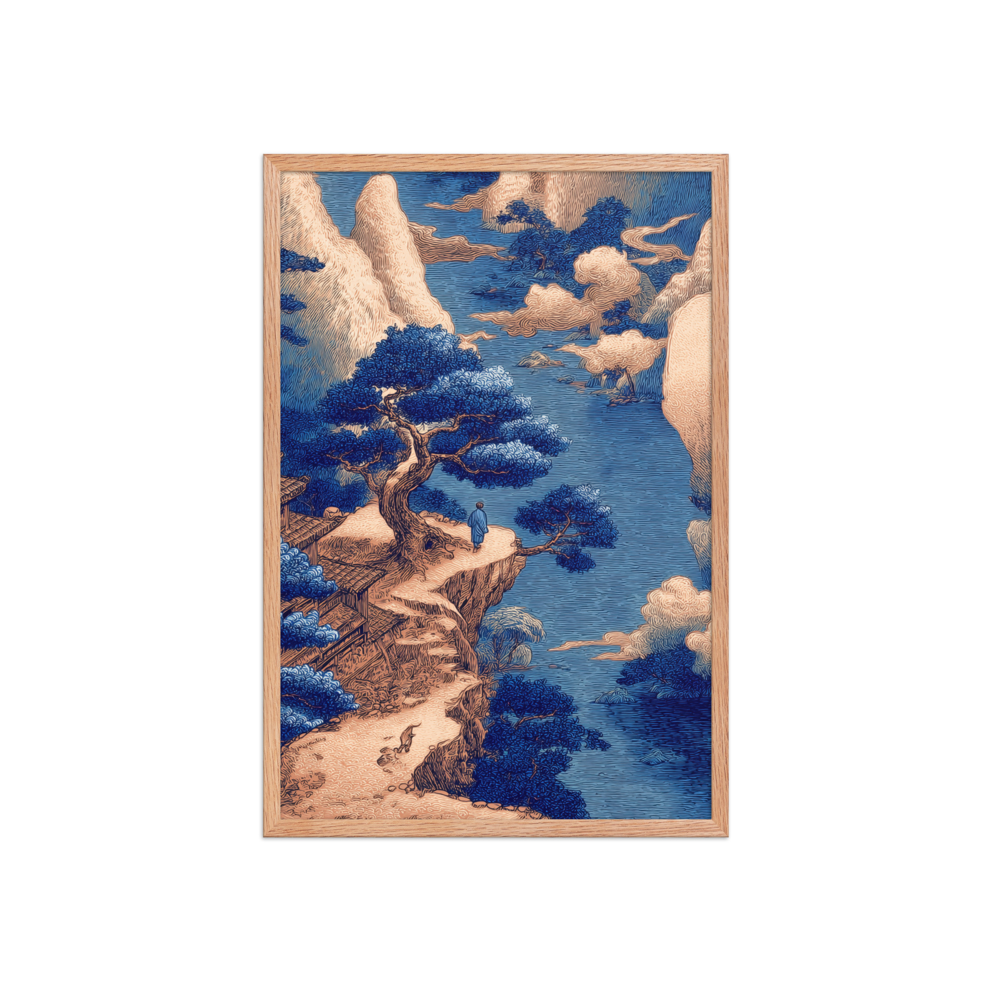 Cliffside Temple View – Blue Ukiyo-e Landscape Wall Art – Framed Poster - Image 15