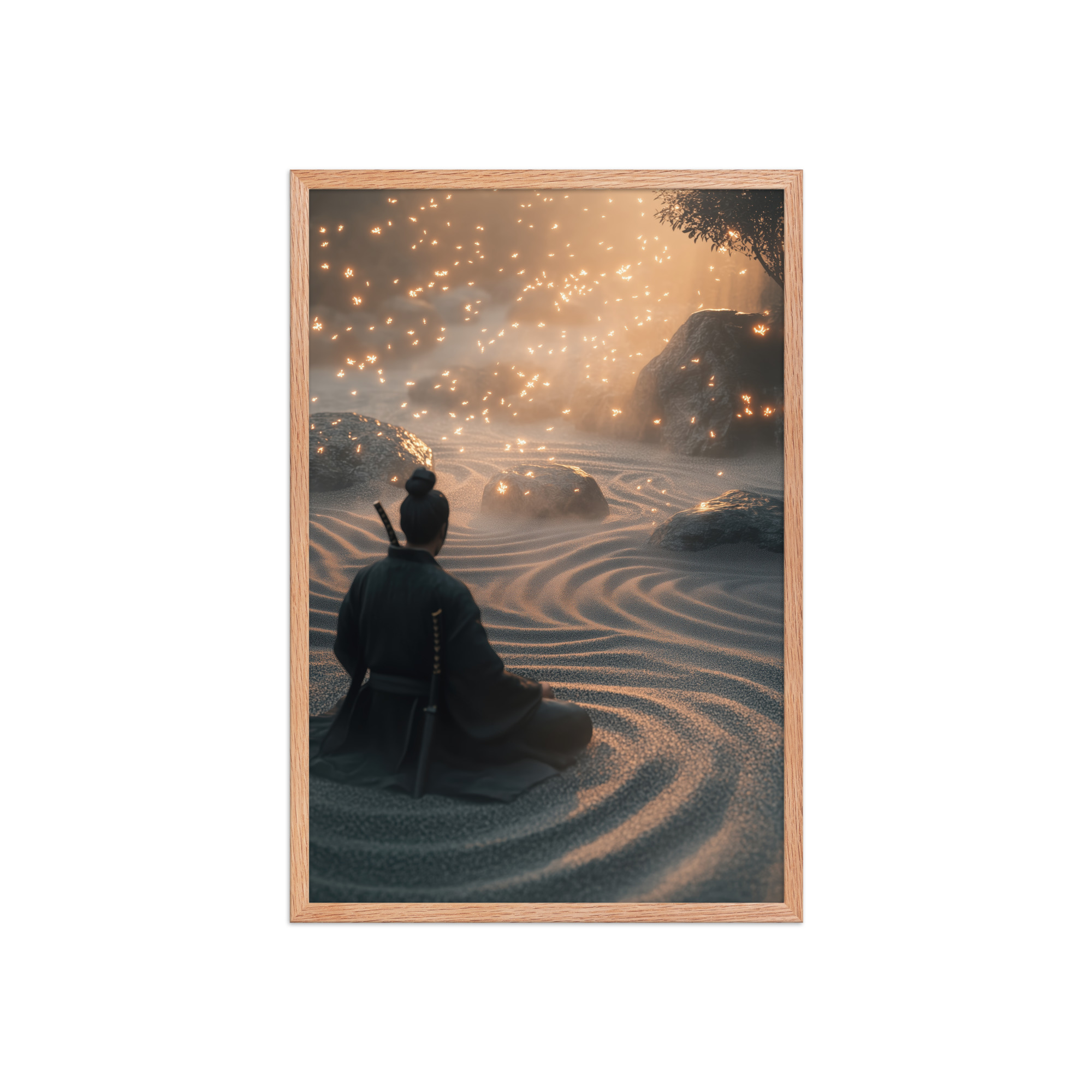Zen Samurai – Fireflies in Zen Garden Japandi Samurai Wall Art – Framed Poster - Image 11