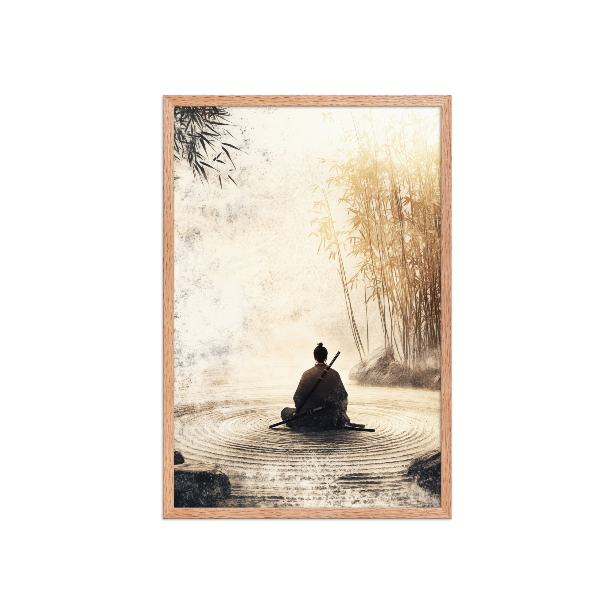 Zen Samurai in Bamboo Light – Neutral Sumi-e Ink Samurai Meditation Wall Art – Framed Poster - Image 11