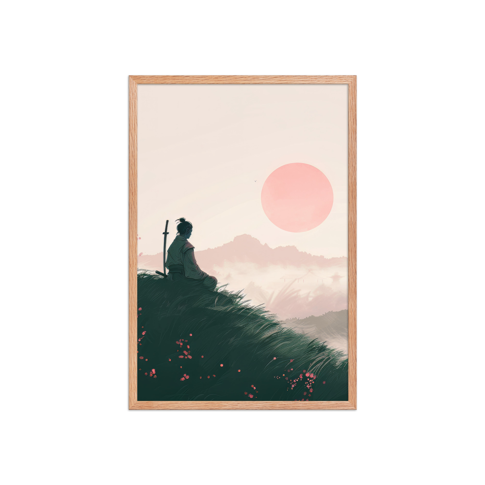 Samurai at Dawn – Pink Sun Over Hills Quiet Strength at Daybreak Wall Decor – Framed Poster - Image 13
