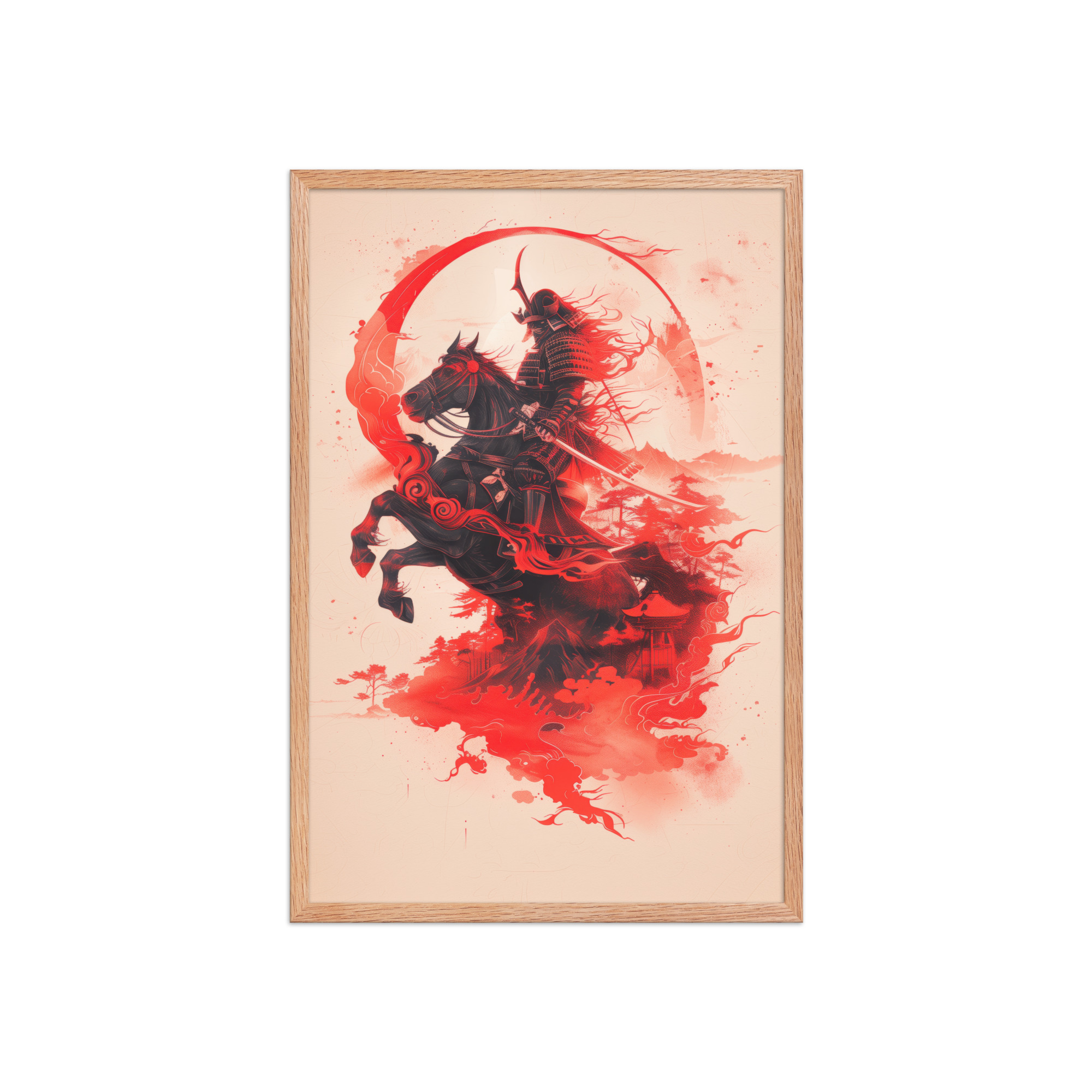 Crimson Charge – Samurai on Horseback Flaming Arc of Courage Wall Art – Framed Poster - Image 9