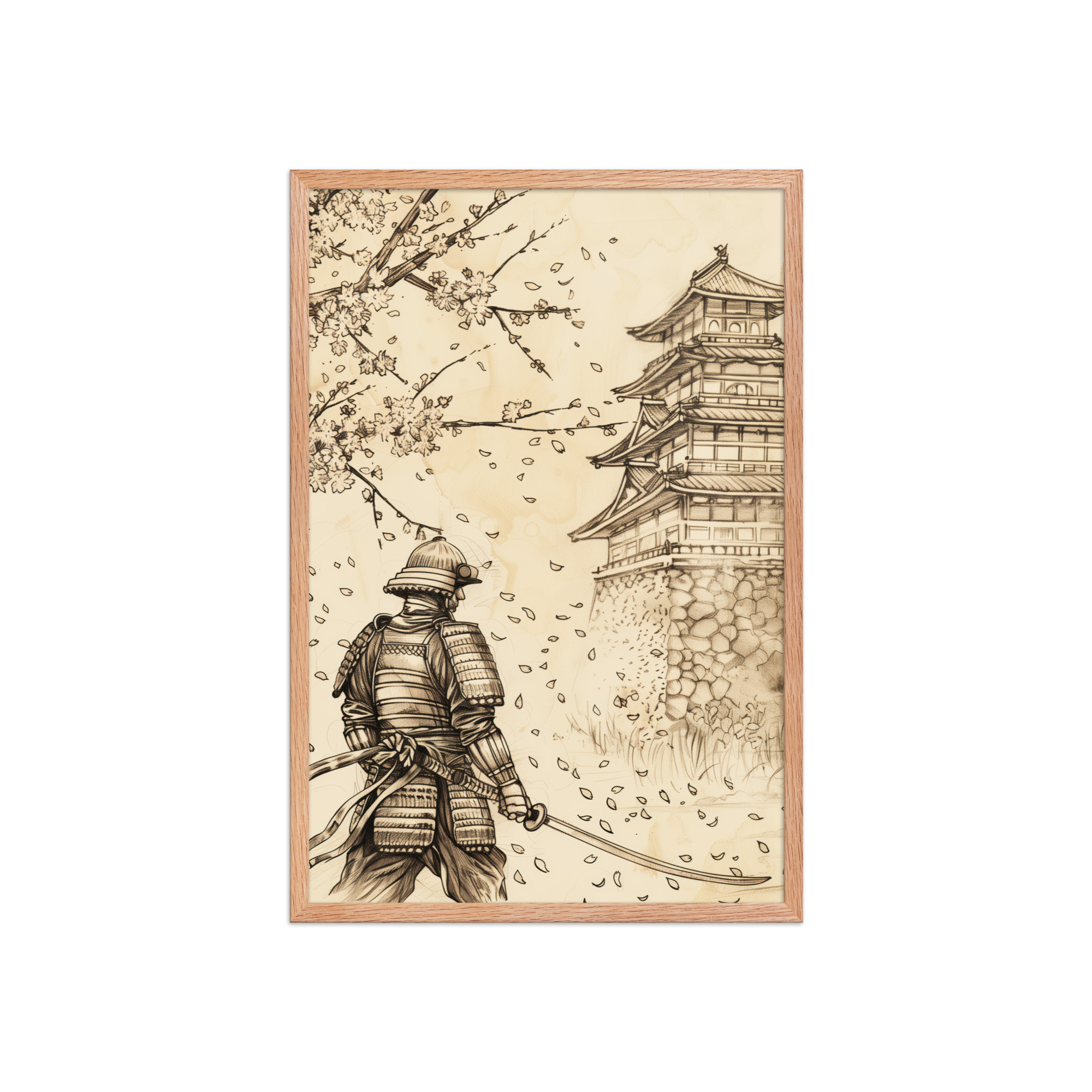 Samurai Under Cherry Blossoms – Castle Breeze and Falling Petals Wall Art – Framed Poster - Image 5