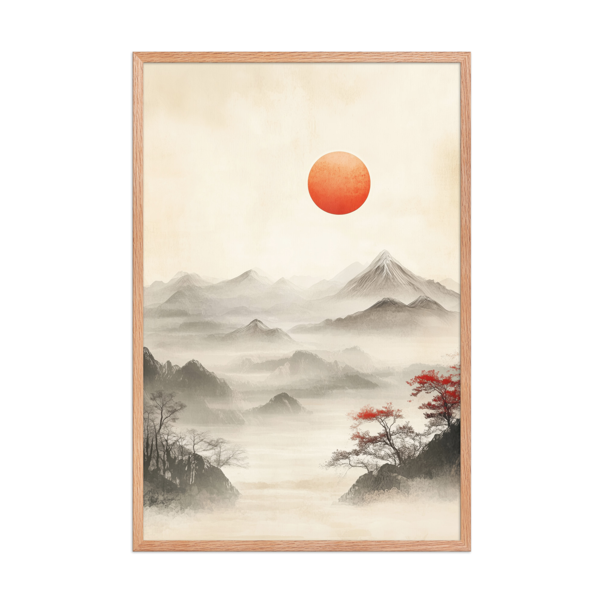 Red Sun Over Silent Peaks — Misty Ink Mountain Landscape Wall Art — Framed Poster - Image 14