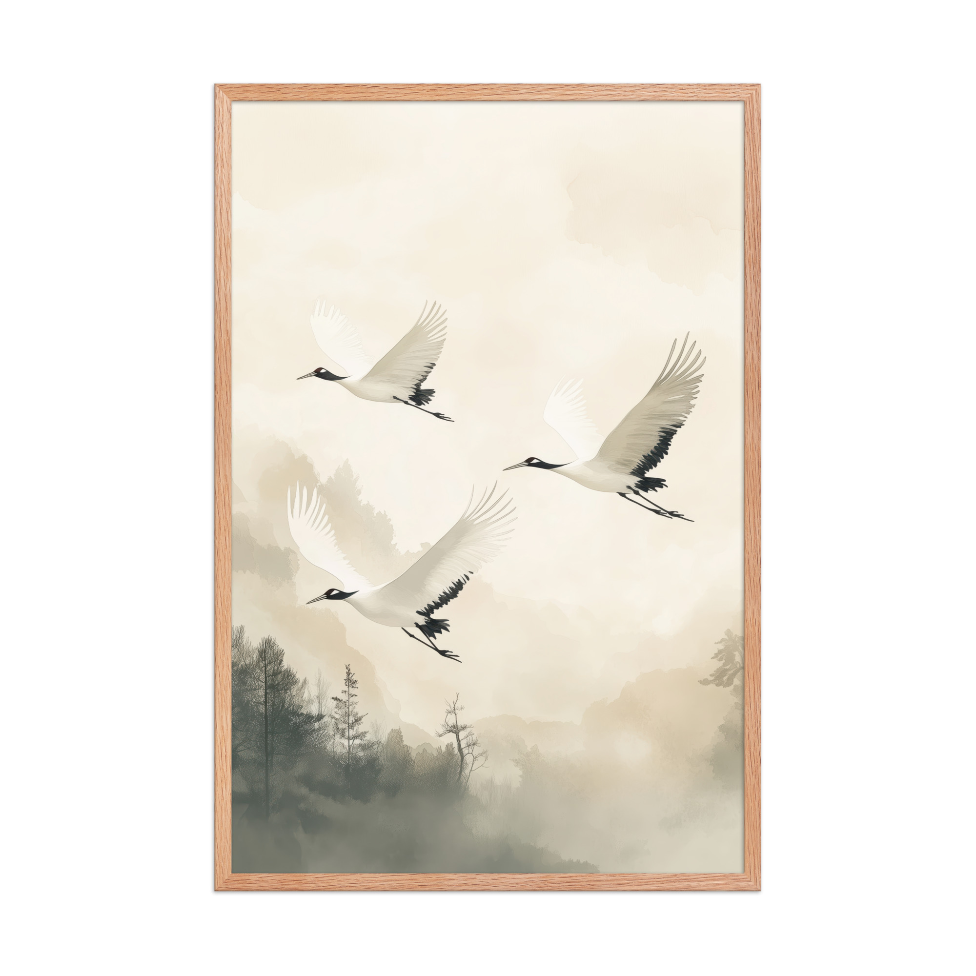 Cranes of Serenity — Misty Forest Flight Bird Wall Art — Framed Poster - Image 14