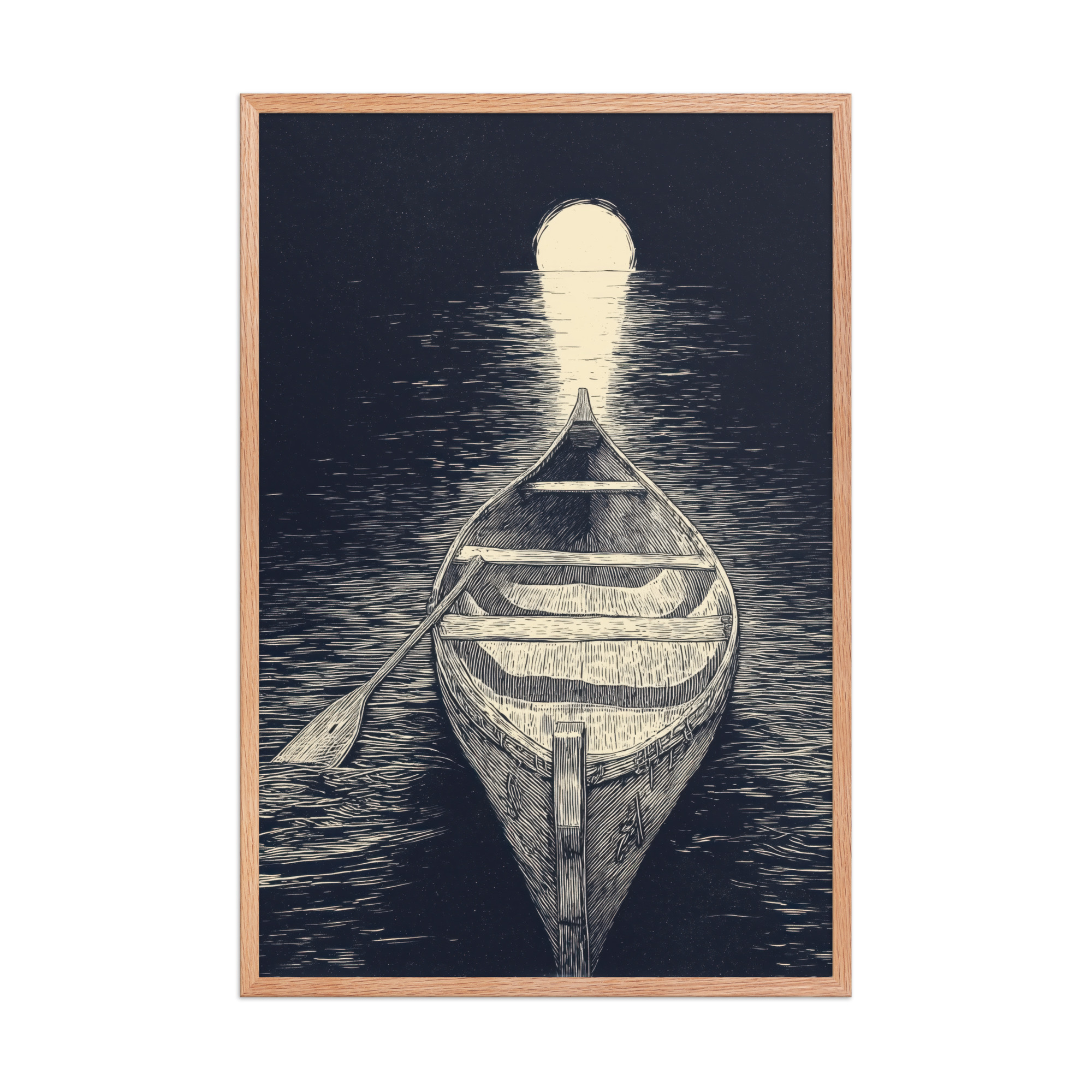 Moonlit Canoe — Woodcut Night Lake Wall Art — Framed Poster - Image 10