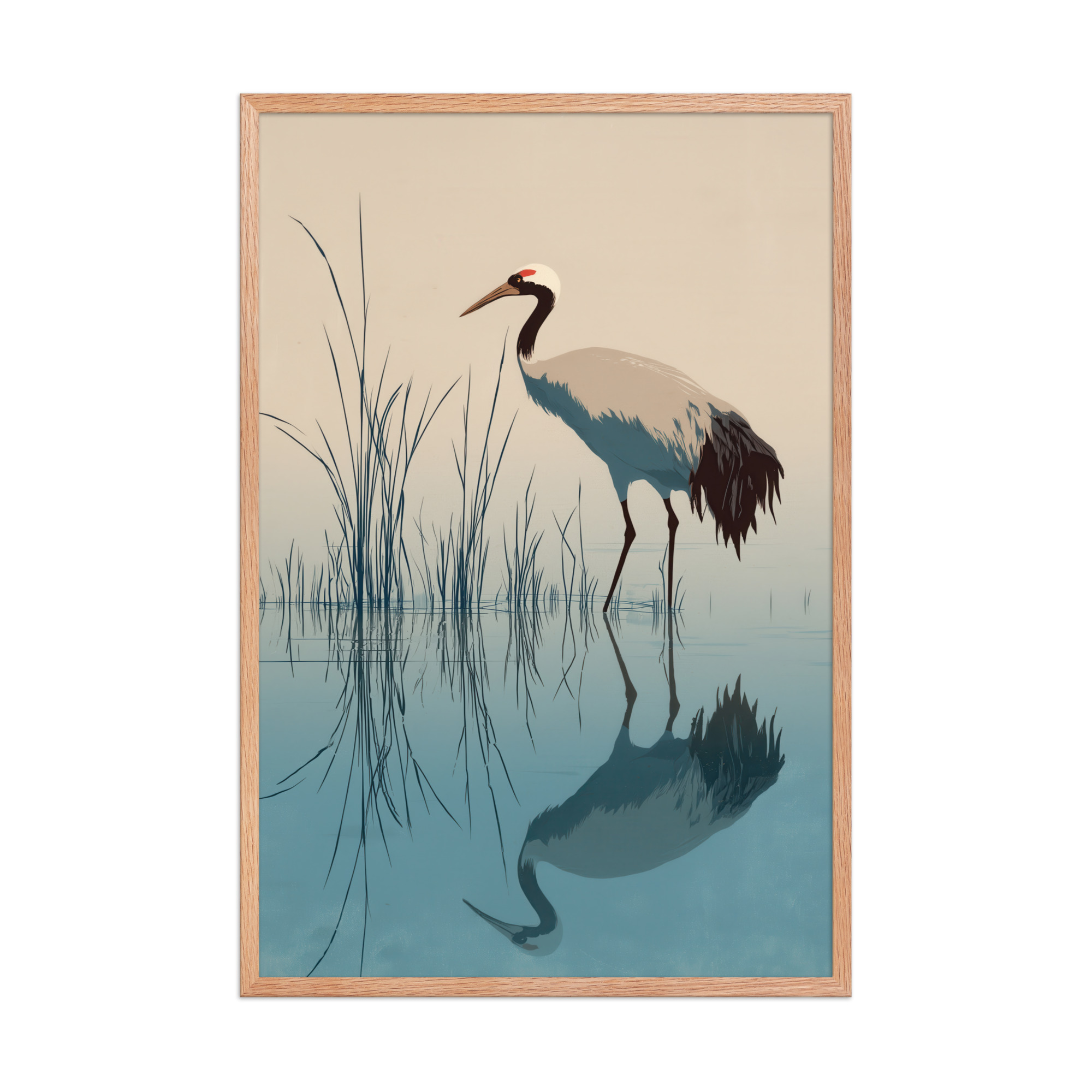 Crane and Reflection Stillness – Minimal Ukiyo-e Bird Wall Art – Framed Poster - Image 16