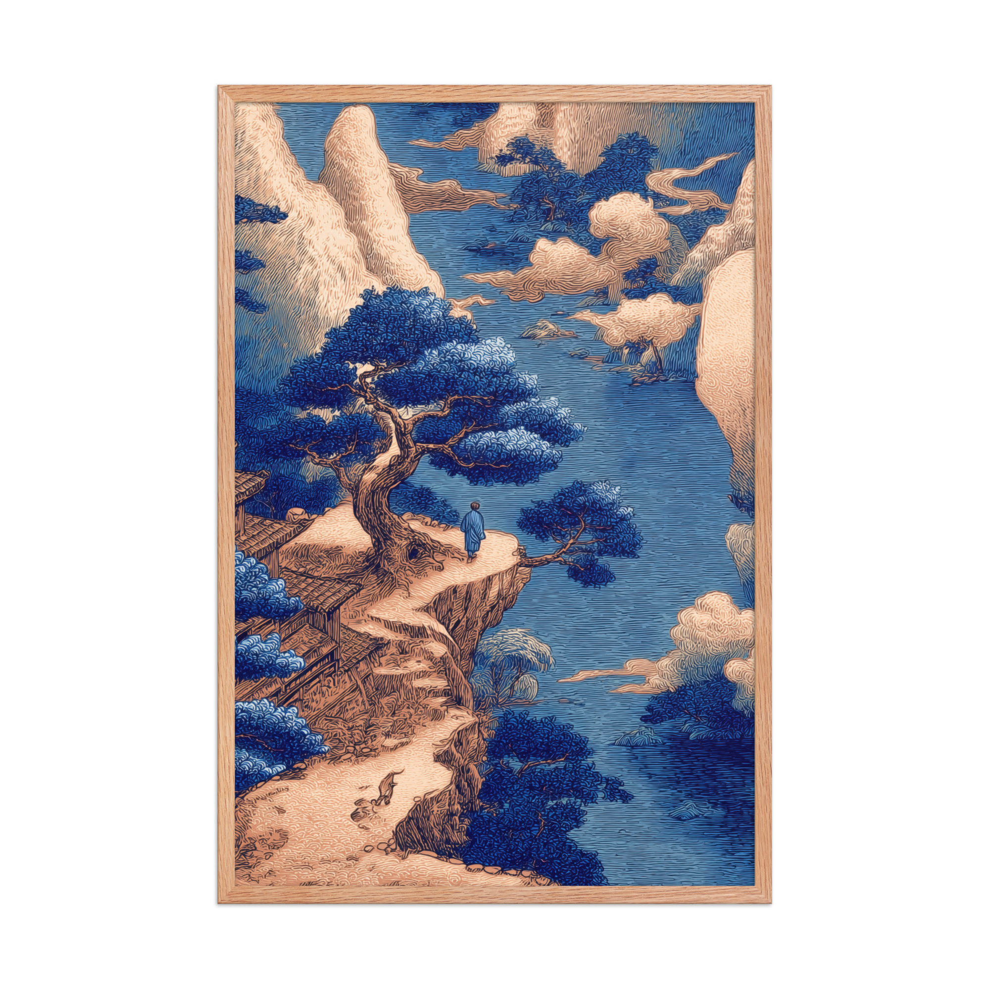 Cliffside Temple View – Blue Ukiyo-e Landscape Wall Art – Framed Poster - Image 16