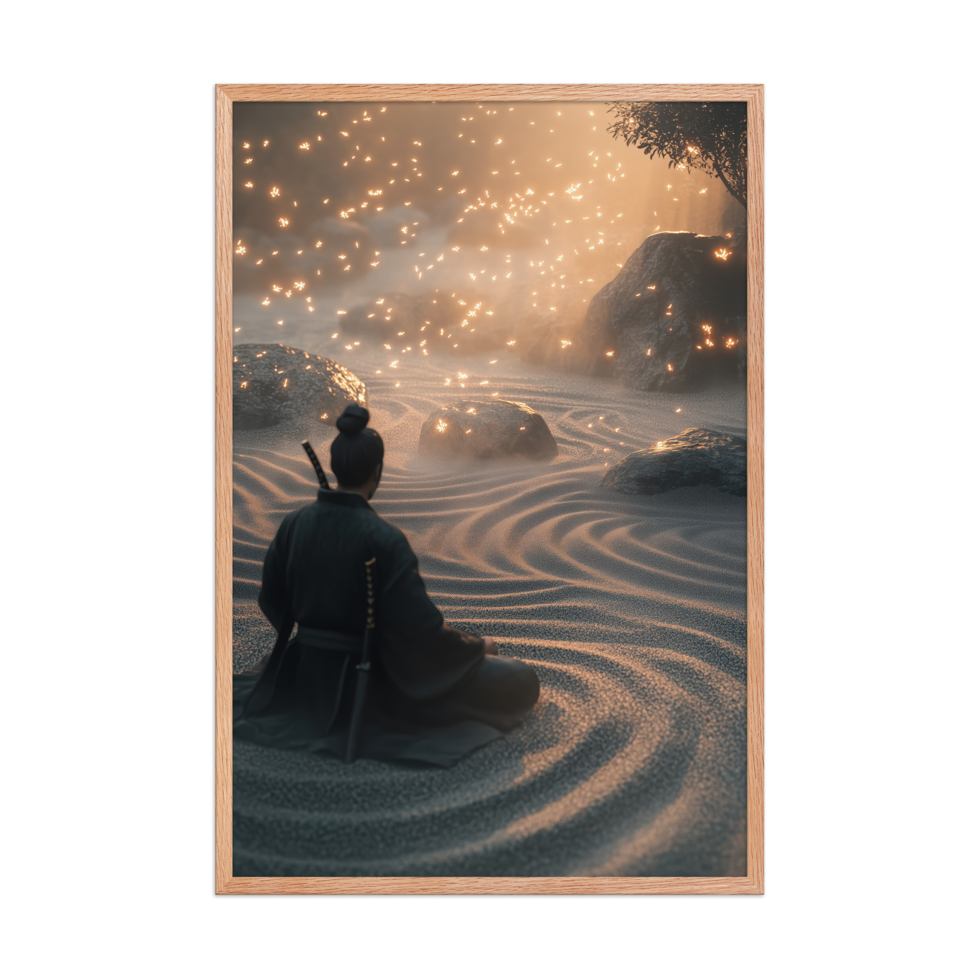 Zen Samurai – Fireflies in Zen Garden Japandi Samurai Wall Art – Framed Poster - Image 12