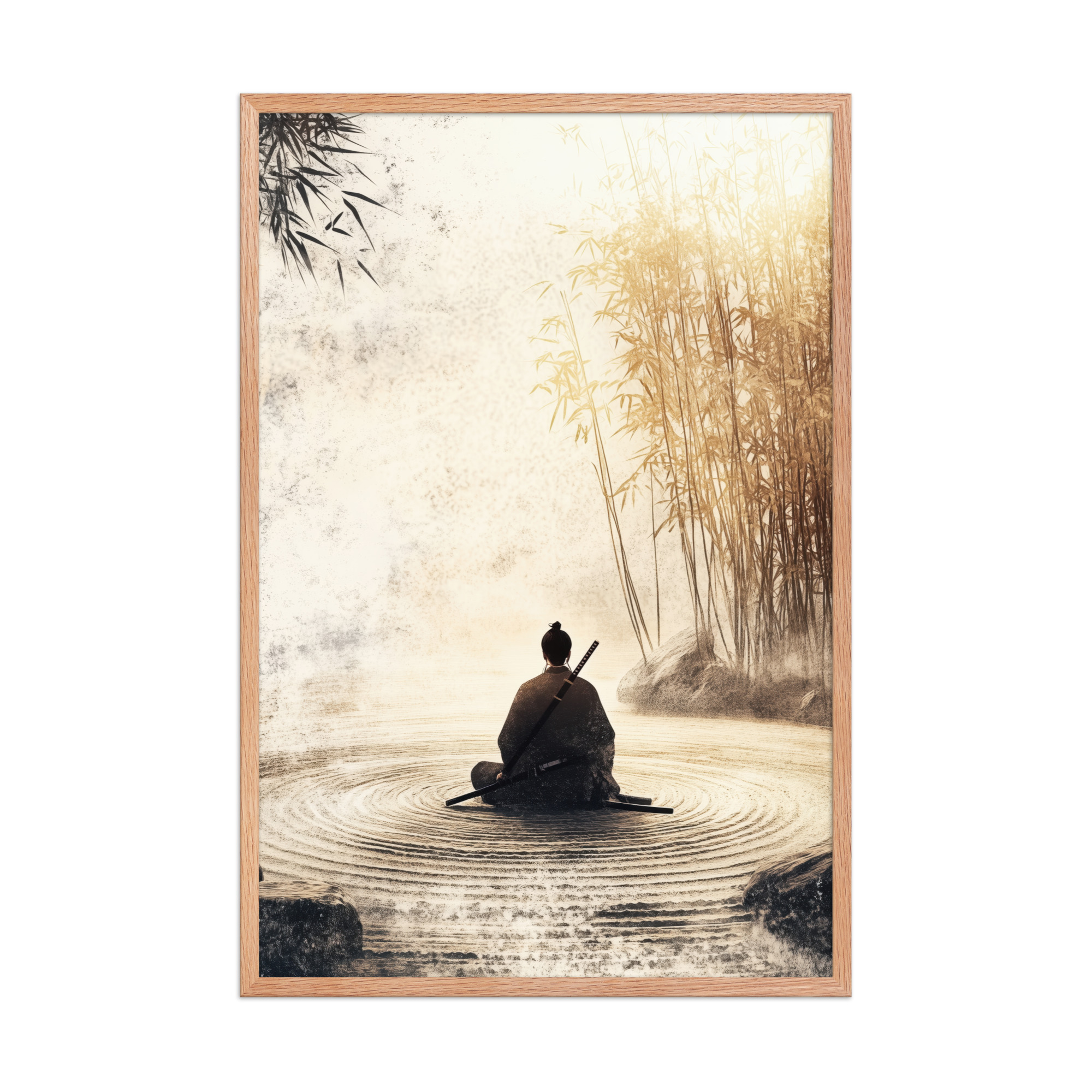 Zen Samurai in Bamboo Light – Neutral Sumi-e Ink Samurai Meditation Wall Art – Framed Poster - Image 12