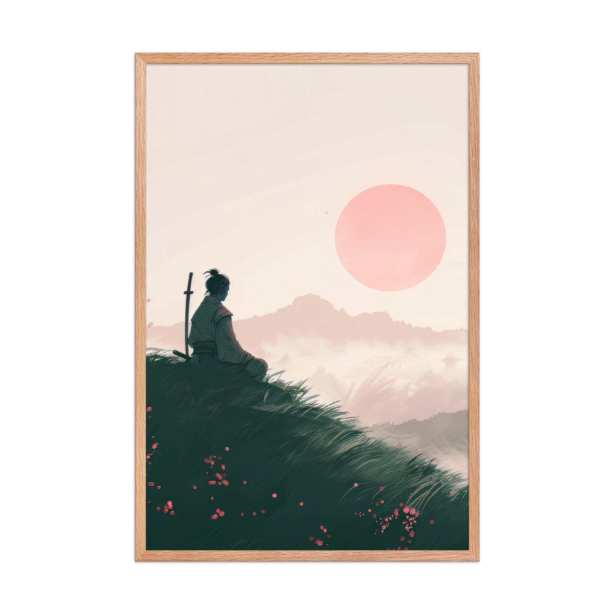 Samurai at Dawn – Pink Sun Over Hills Quiet Strength at Daybreak Wall Decor – Framed Poster - Image 14