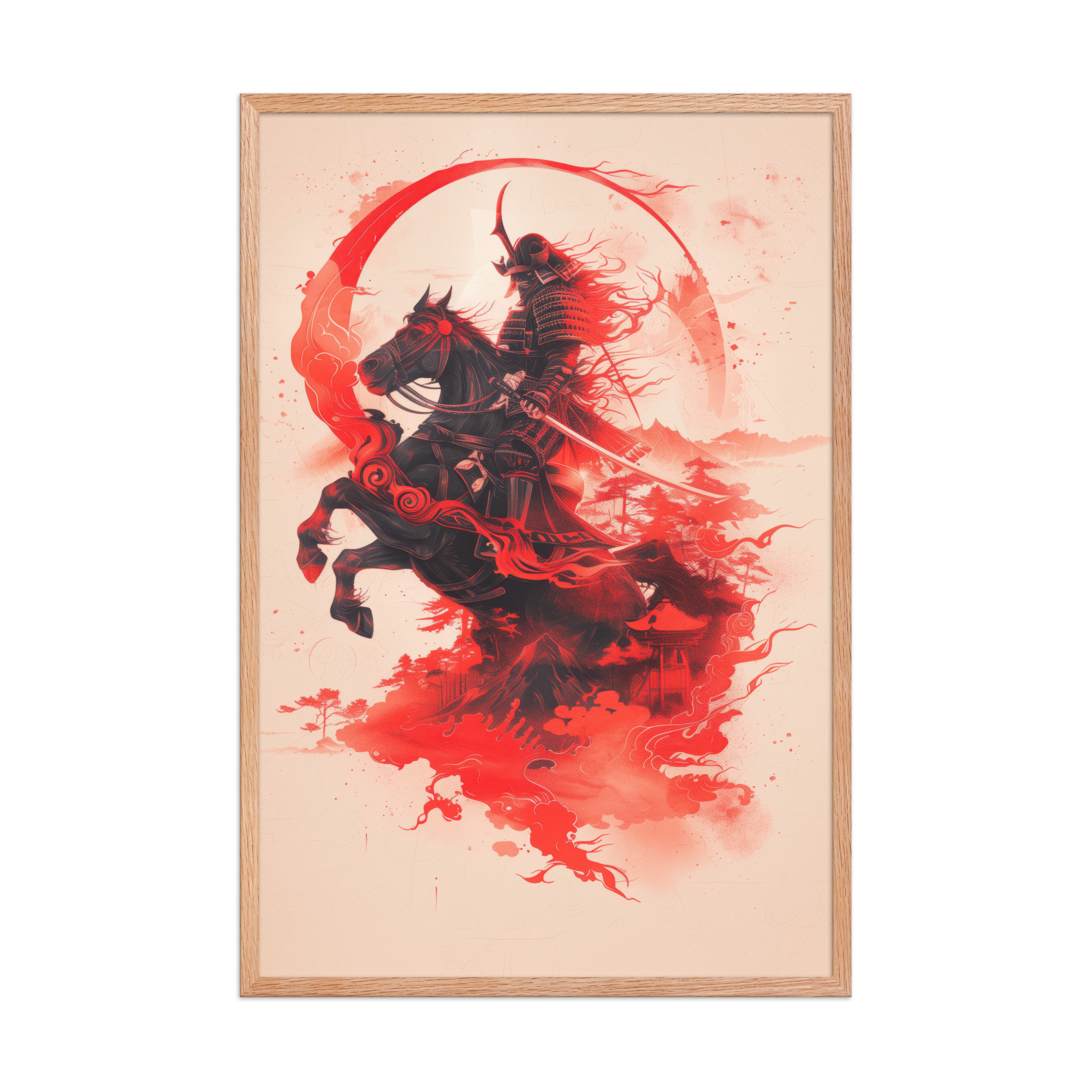 Crimson Charge – Samurai on Horseback Flaming Arc of Courage Wall Art – Framed Poster - Image 10