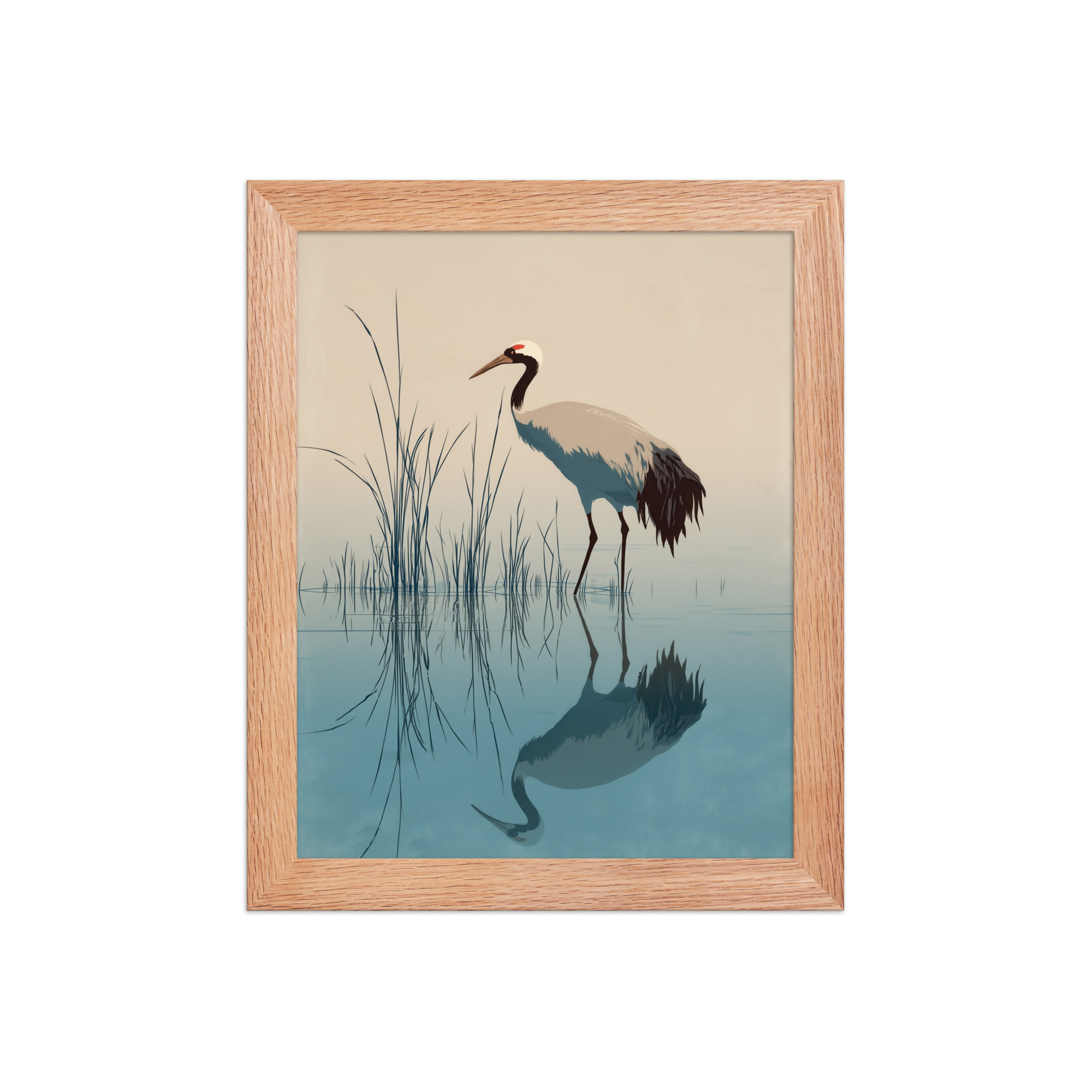 Crane and Reflection Stillness – Minimal Ukiyo-e Bird Wall Art – Framed Poster - Image 9