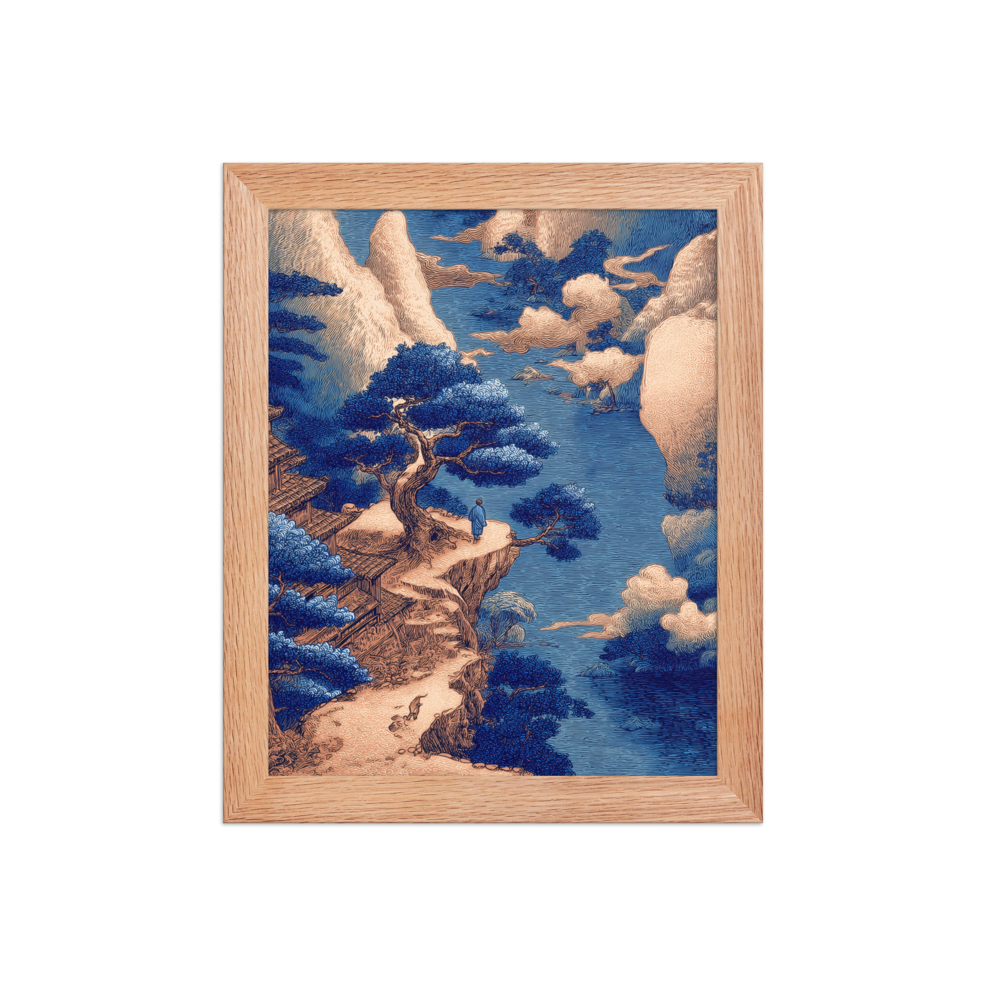Cliffside Temple View – Blue Ukiyo-e Landscape Wall Art – Framed Poster - Image 9