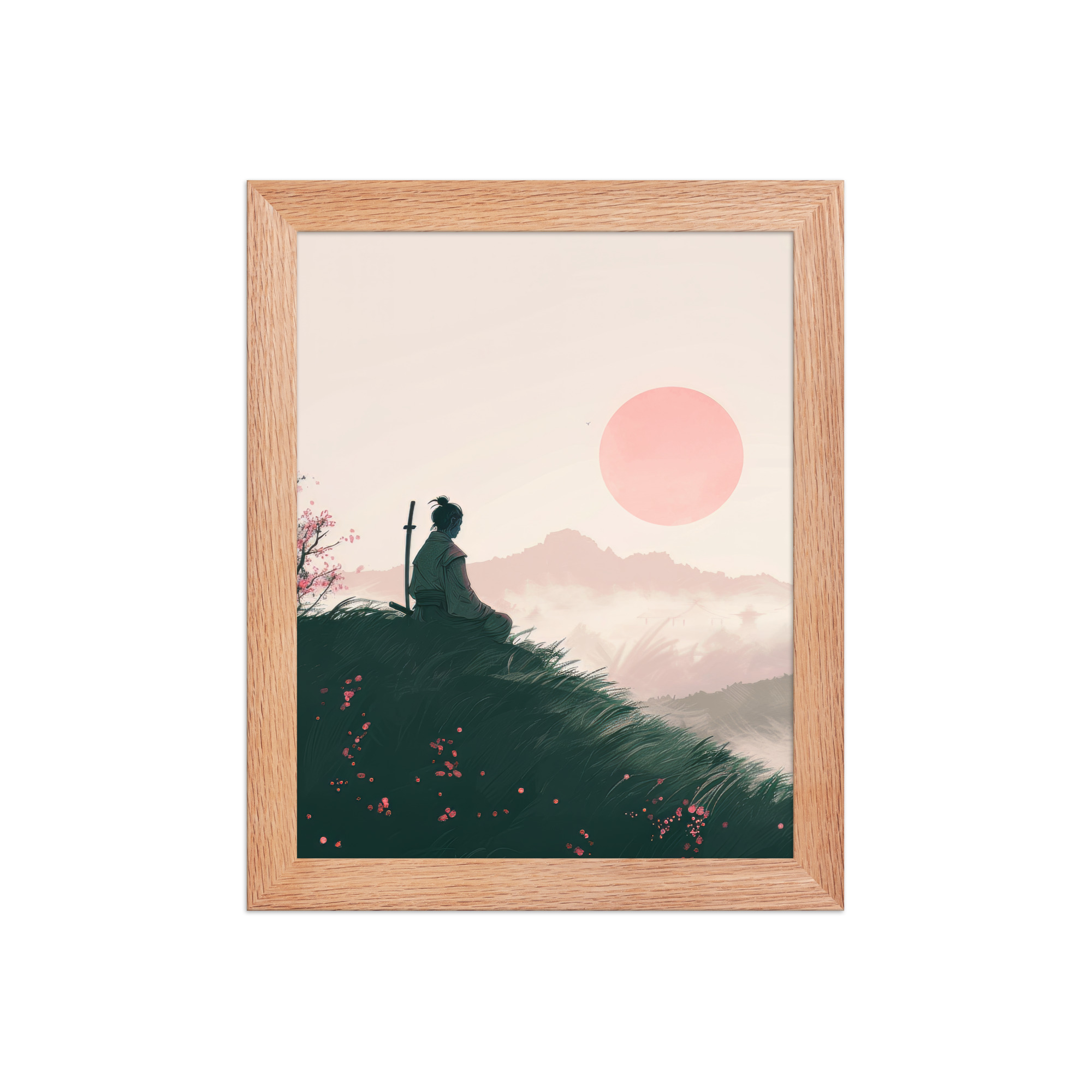 Samurai at Dawn – Pink Sun Over Hills Quiet Strength at Daybreak Wall Decor – Framed Poster - Image 8
