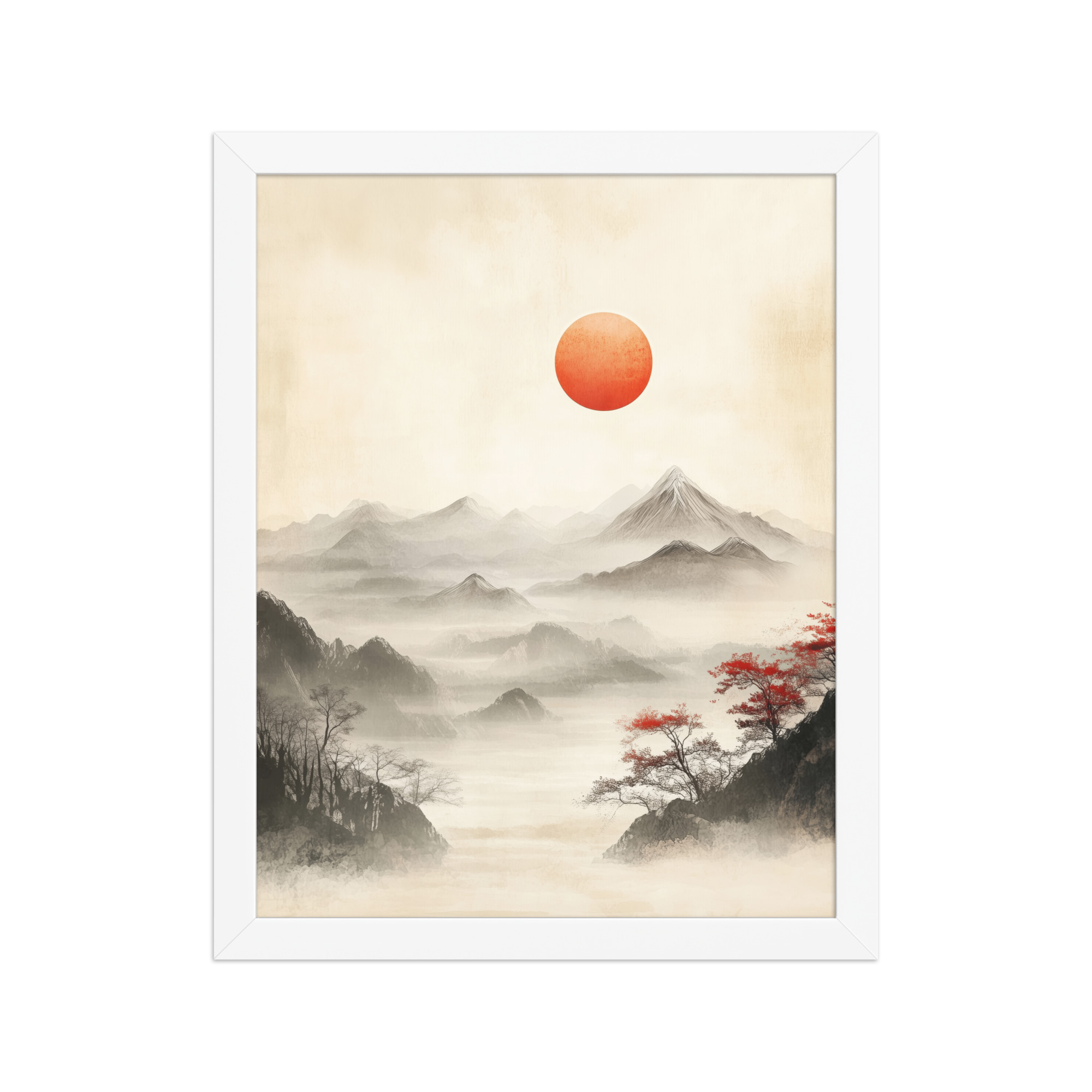 Red Sun Over Silent Peaks — Misty Ink Mountain Landscape Wall Art — Framed Poster - Image 15