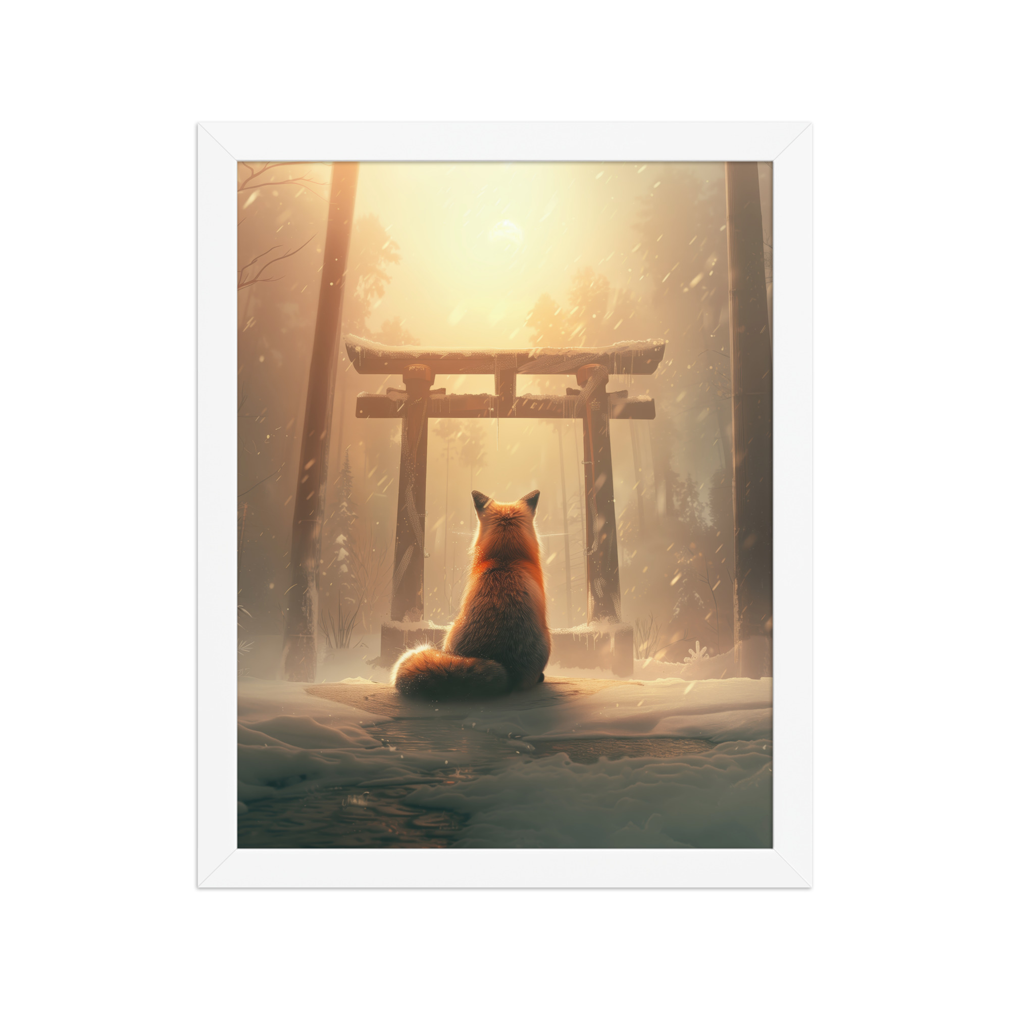 Fox Spirit at Torii — Cinematic Fox in Snowy Shrine Light Wall Decor — Framed Poster - Image 18
