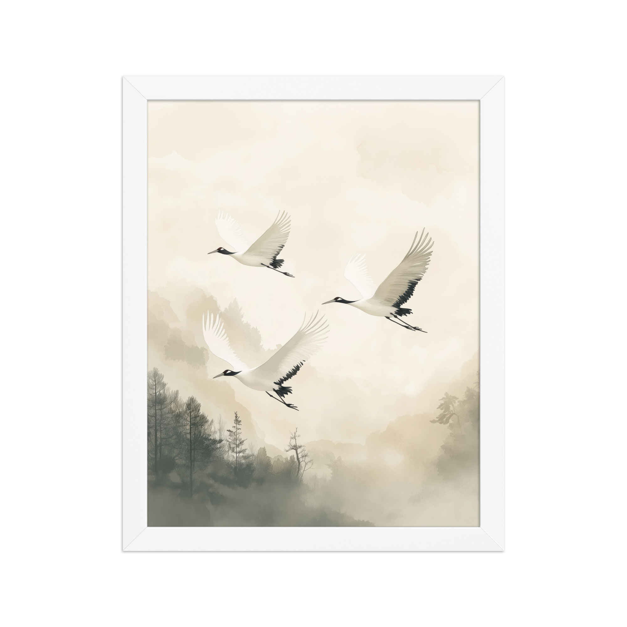 Cranes of Serenity — Misty Forest Flight Bird Wall Art — Framed Poster - Image 15