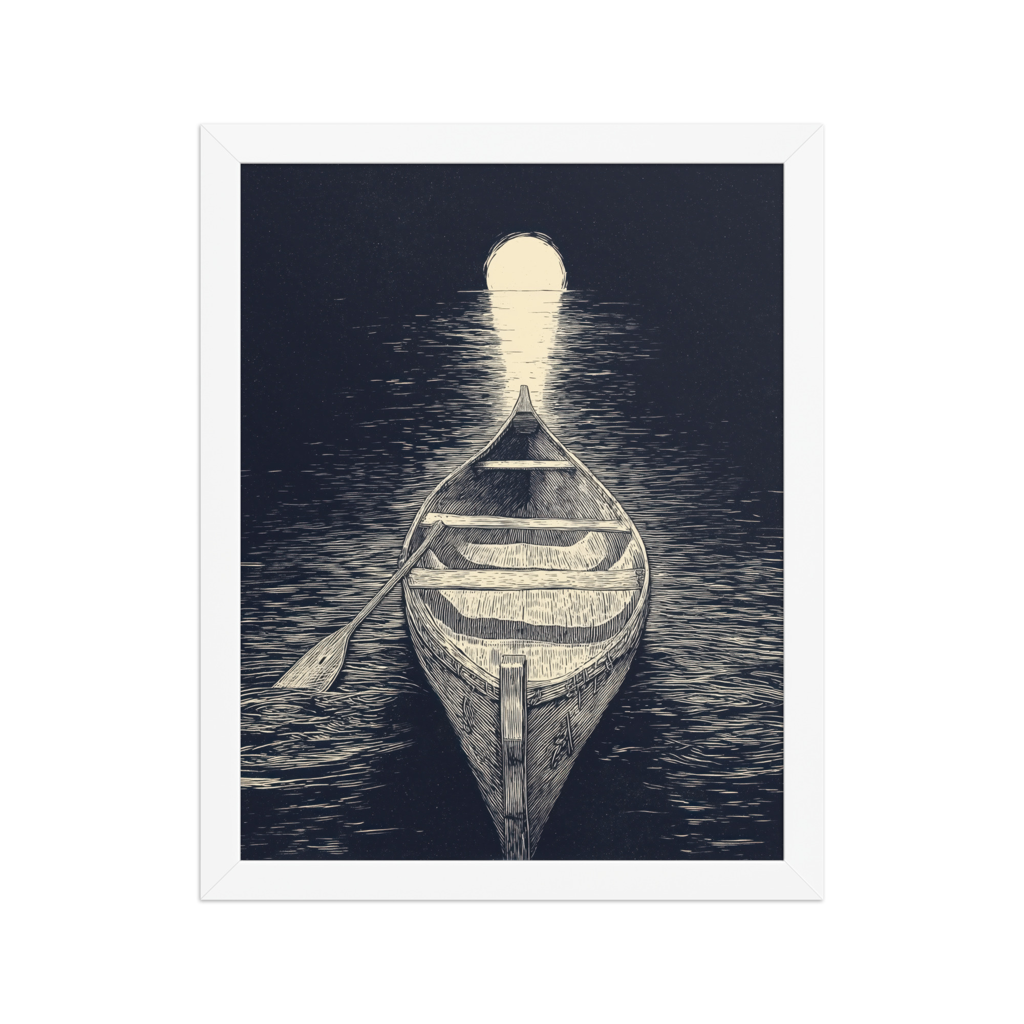 Moonlit Canoe — Woodcut Night Lake Wall Art — Framed Poster - Image 11