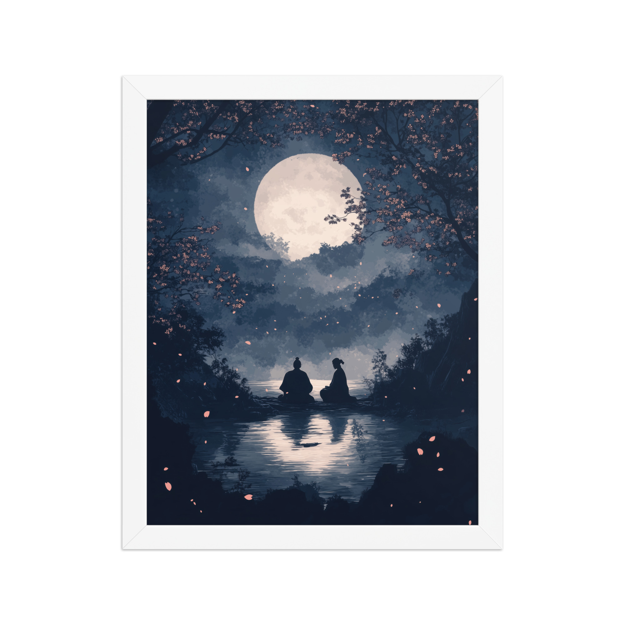 Midnight Reflections — Moonlit Lake Sakura Wall Art — Framed Poster - Image 15