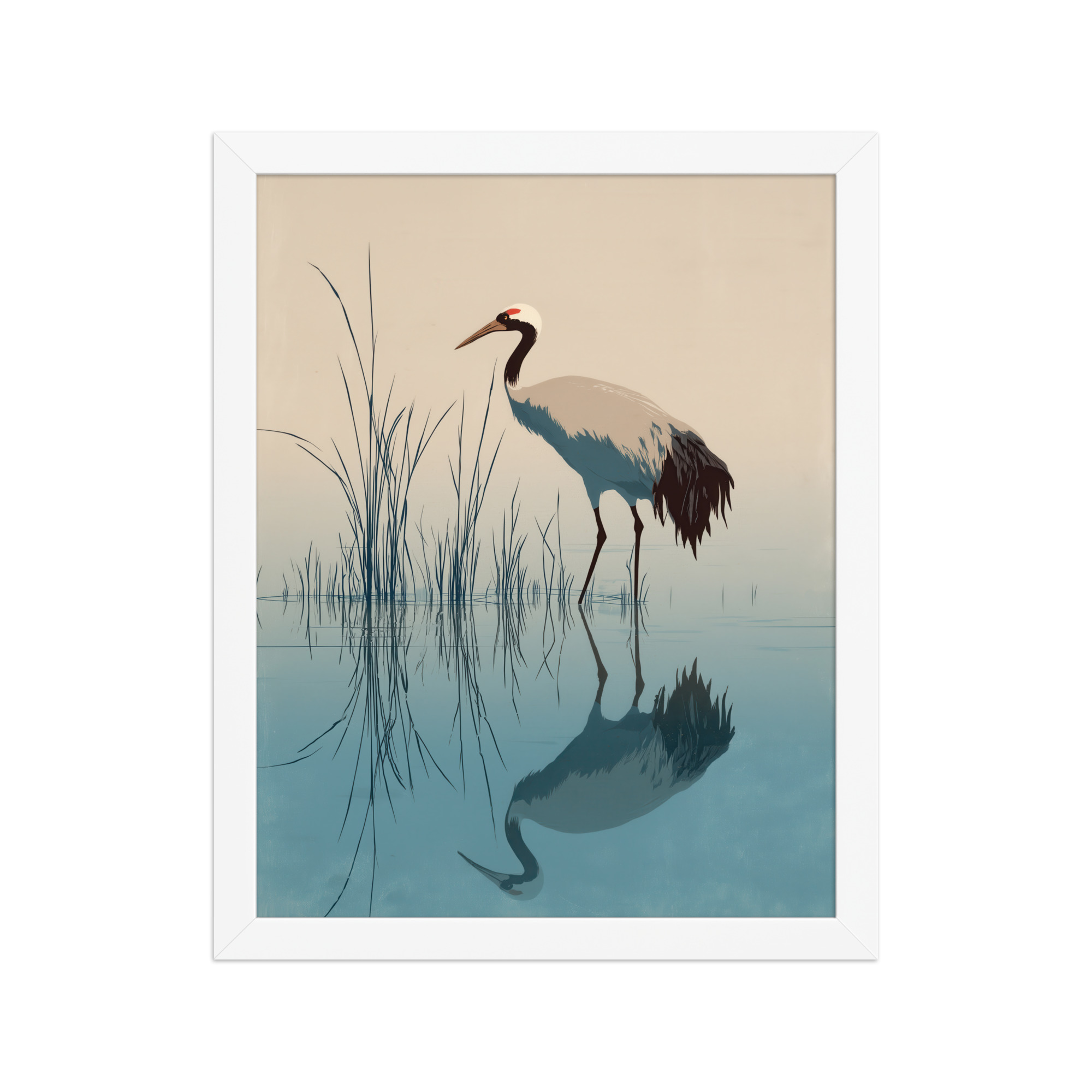Crane and Reflection Stillness – Minimal Ukiyo-e Bird Wall Art – Framed Poster - Image 18
