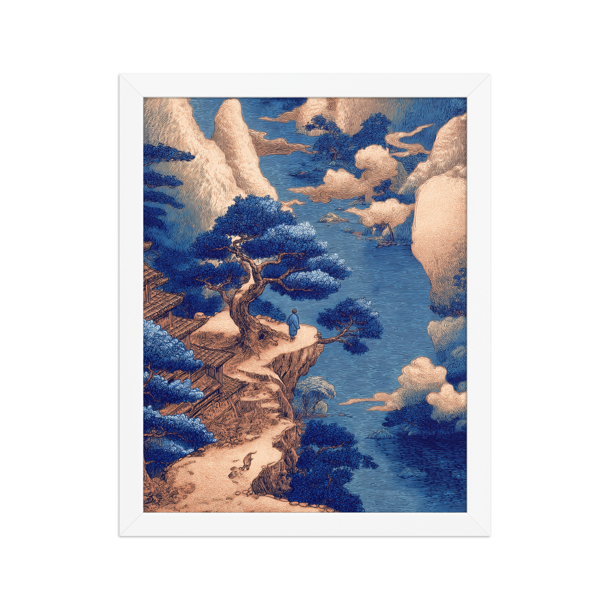 Cliffside Temple View – Blue Ukiyo-e Landscape Wall Art – Framed Poster - Image 18