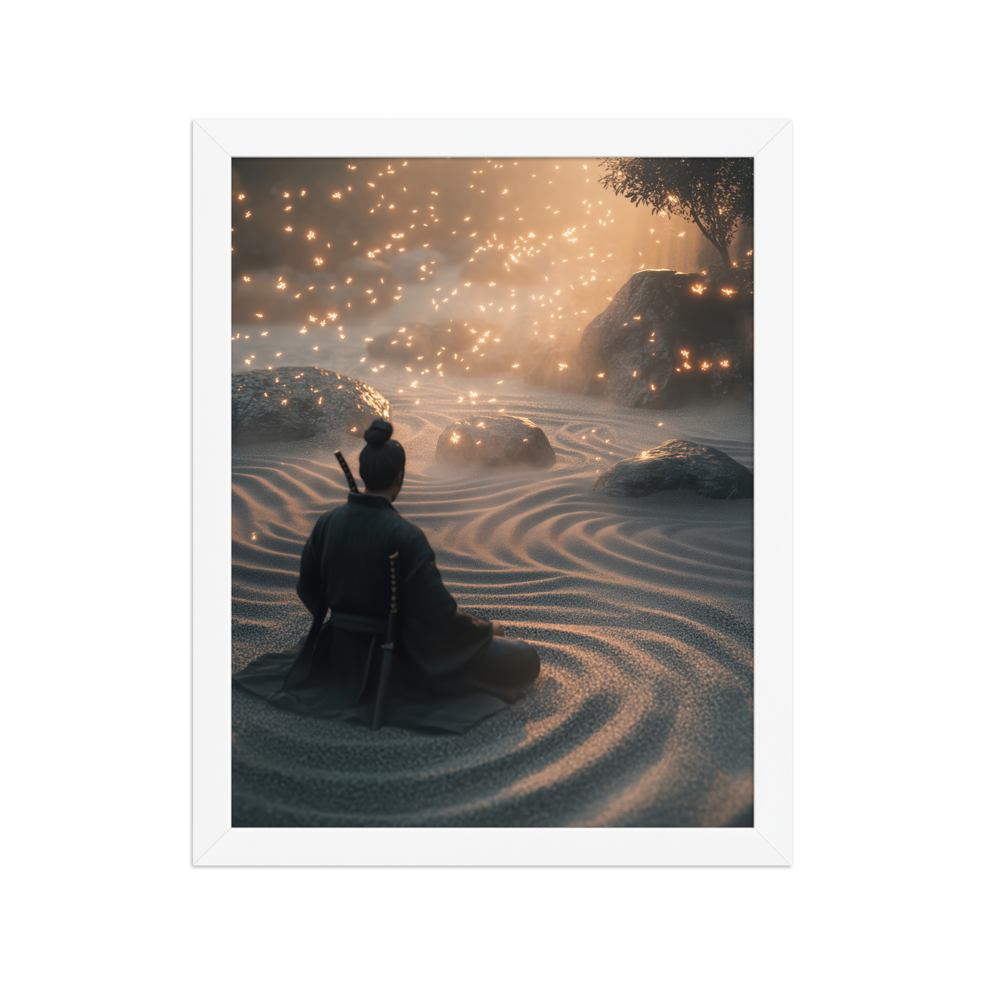 Zen Samurai – Fireflies in Zen Garden Japandi Samurai Wall Art – Framed Poster - Image 13