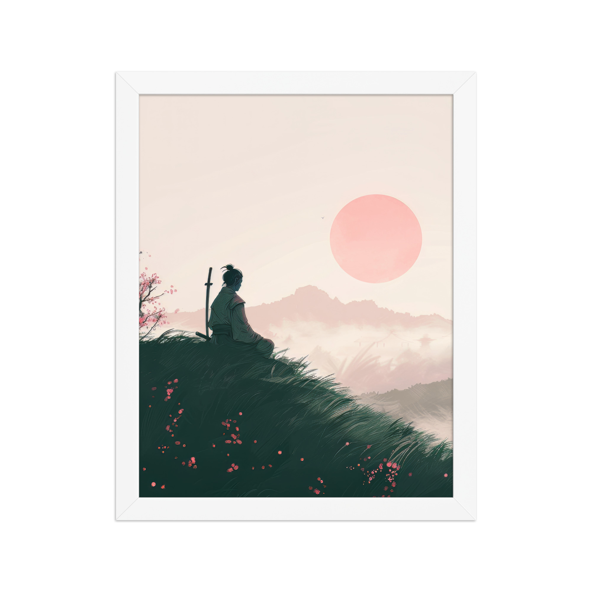 Samurai at Dawn – Pink Sun Over Hills Quiet Strength at Daybreak Wall Decor – Framed Poster - Image 16
