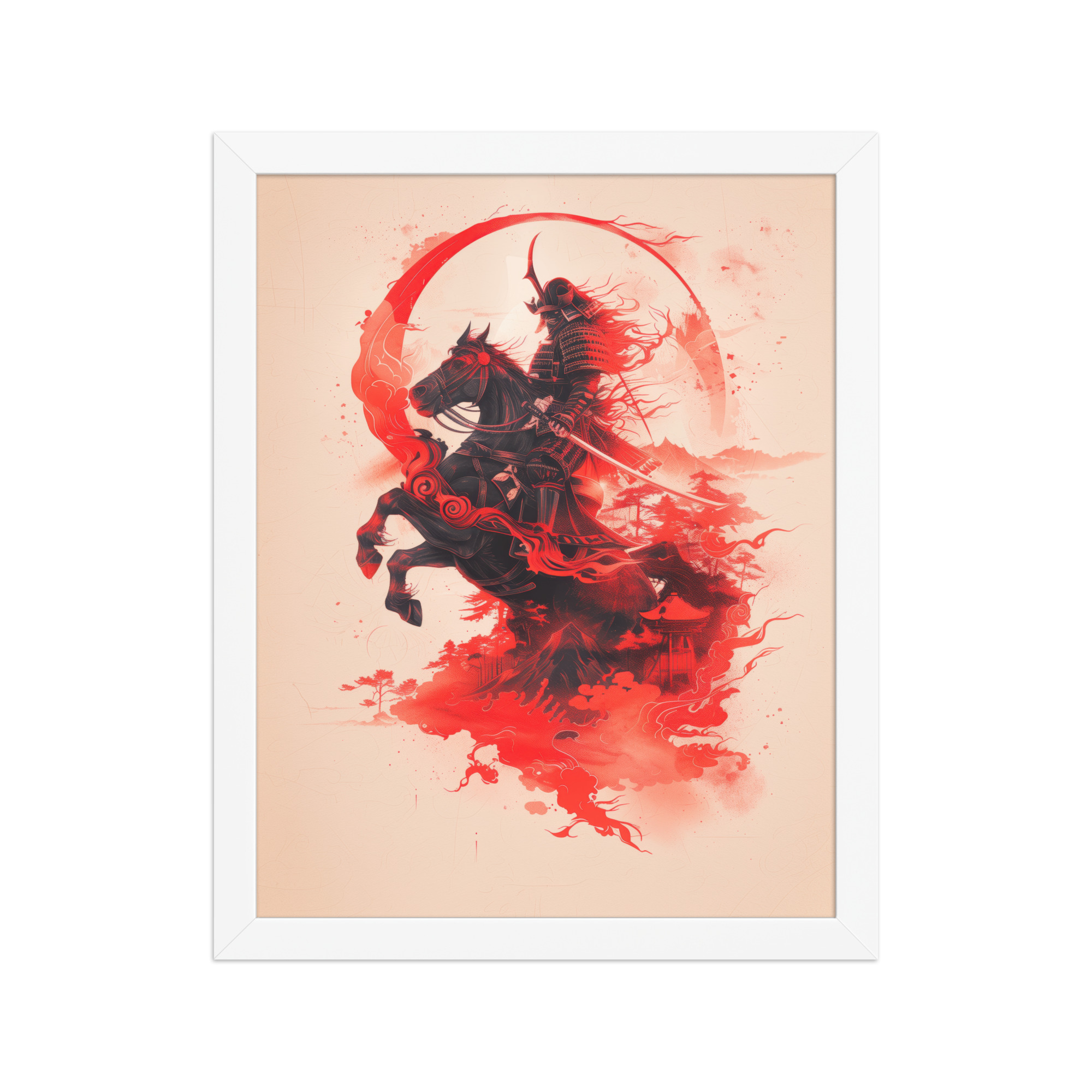 Crimson Charge – Samurai on Horseback Flaming Arc of Courage Wall Art – Framed Poster - Image 11