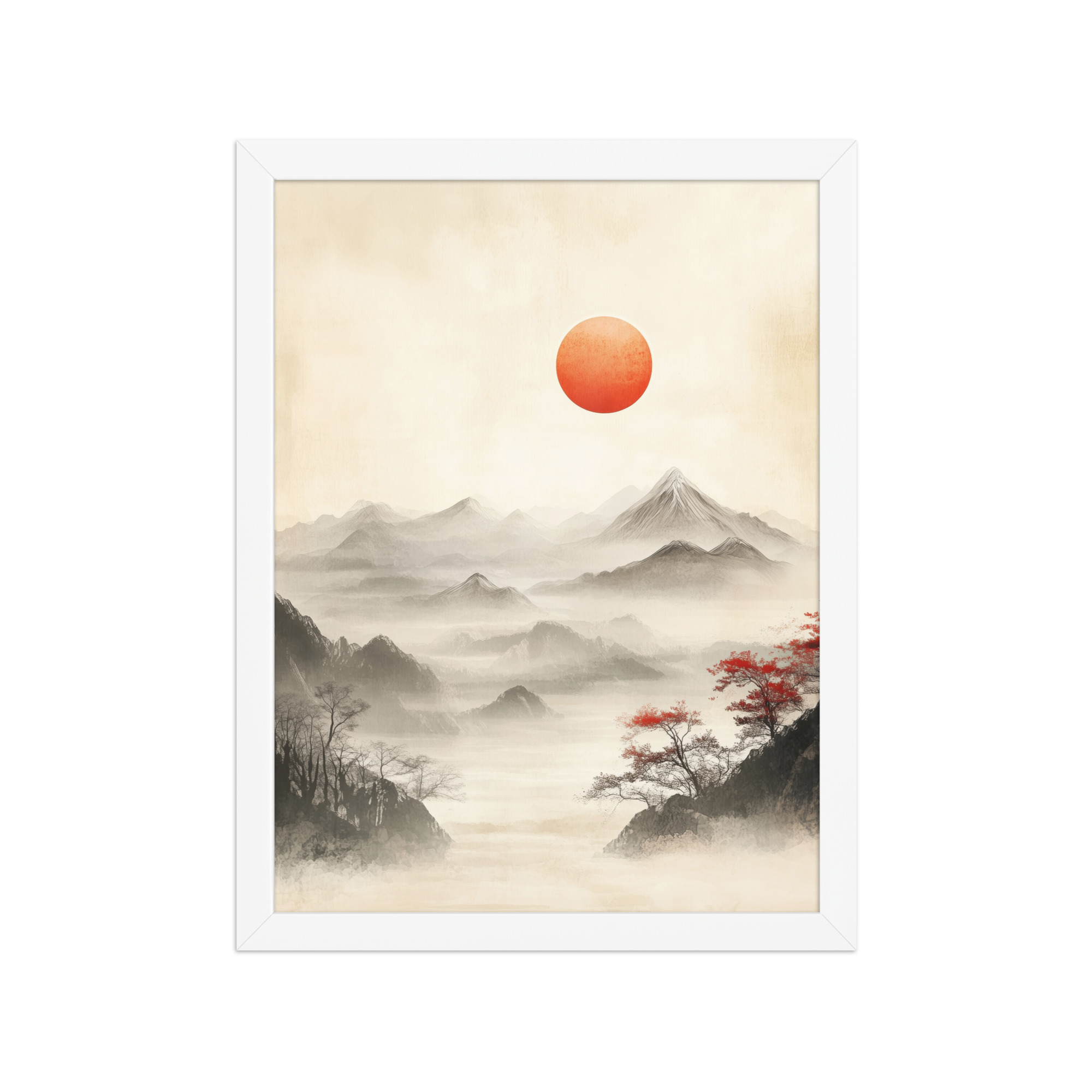 Red Sun Over Silent Peaks — Misty Ink Mountain Landscape Wall Art — Framed Poster - Image 16