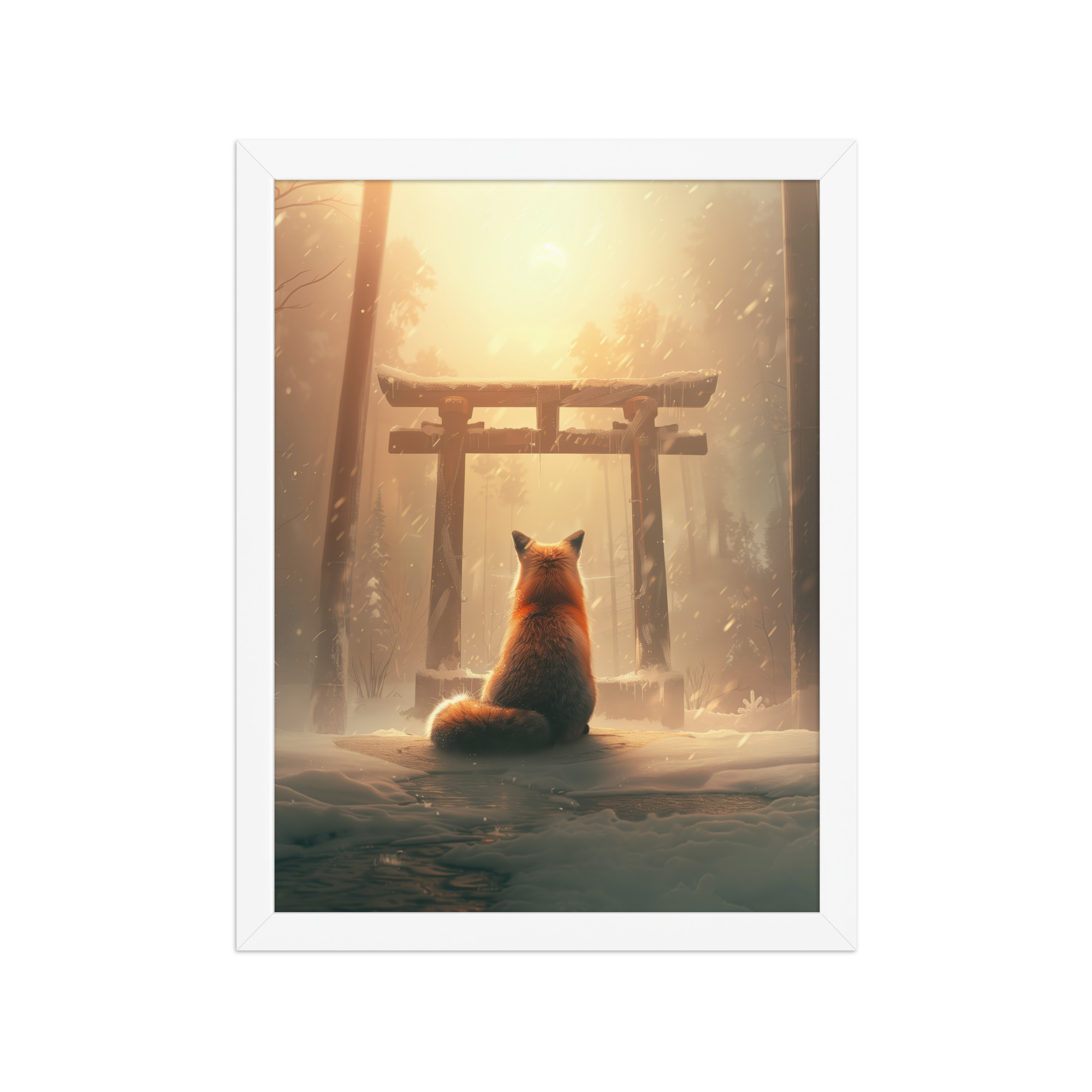 Fox Spirit at Torii — Cinematic Fox in Snowy Shrine Light Wall Decor — Framed Poster - Image 19