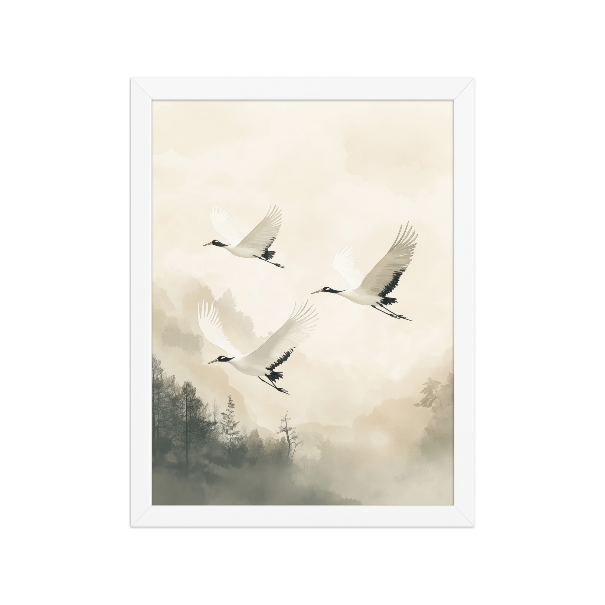Cranes of Serenity — Misty Forest Flight Bird Wall Art — Framed Poster - Image 16