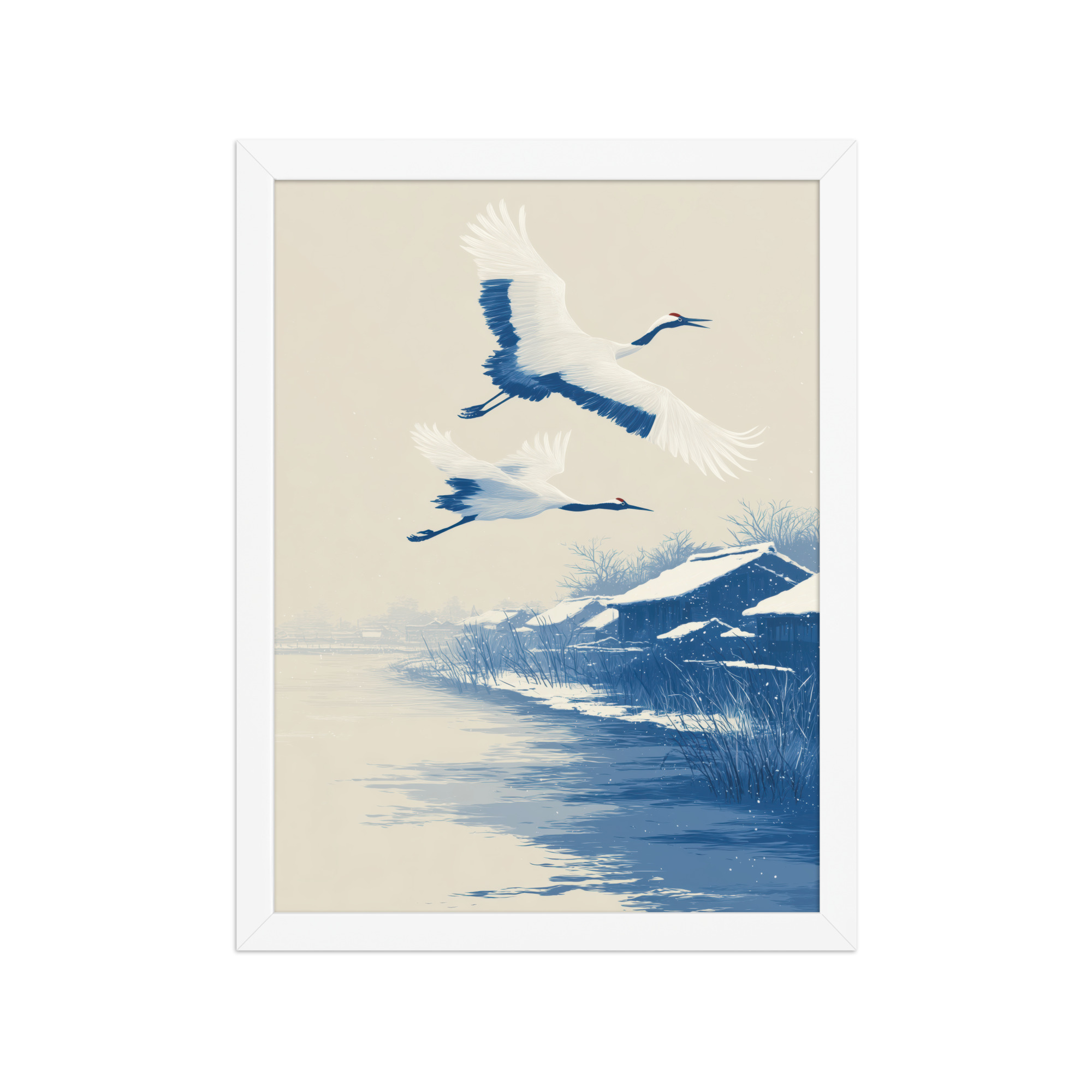 Cranes in Winter Sky — Ukiyo-e Birds over Snowy River Village Wall Art — Framed Poster - Image 13