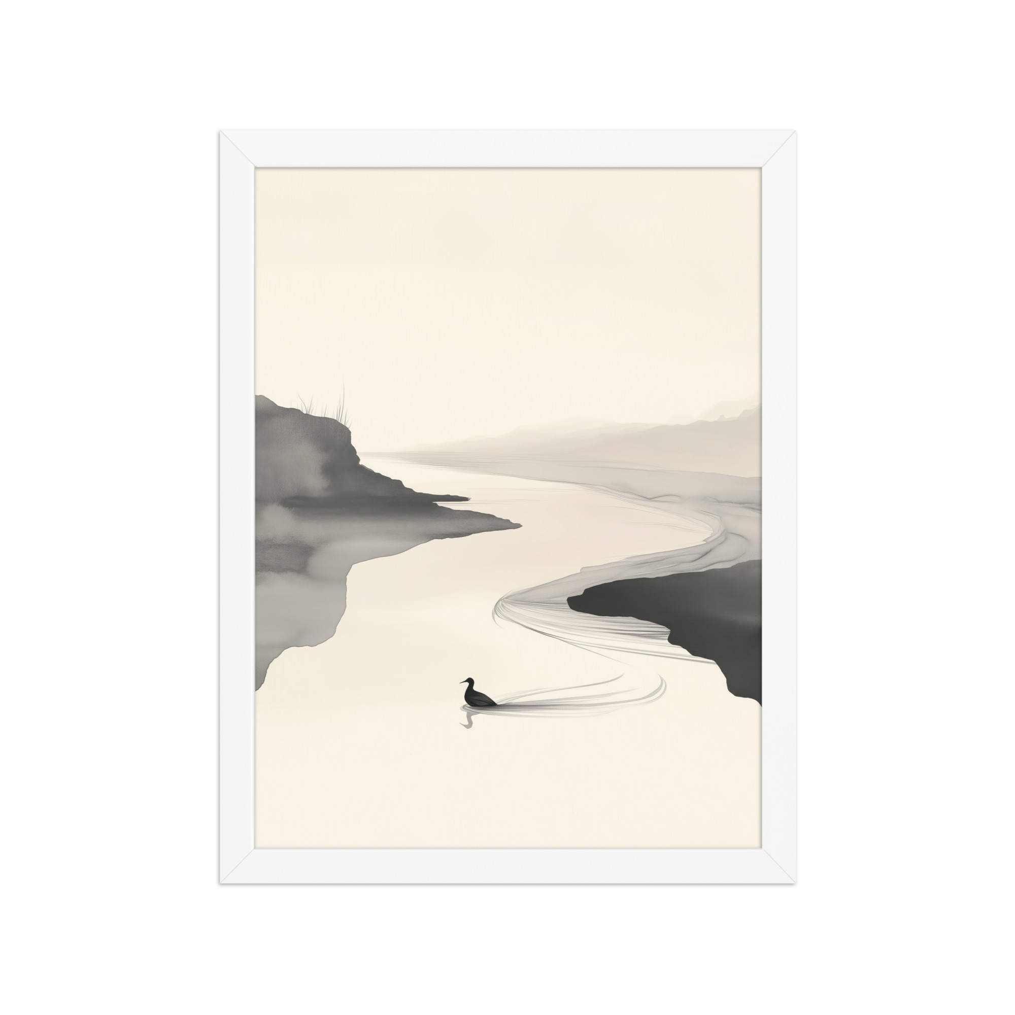 Tranquil River Flow — Minimal Ink Landscape Wall Decor — Framed Poster - Image 19