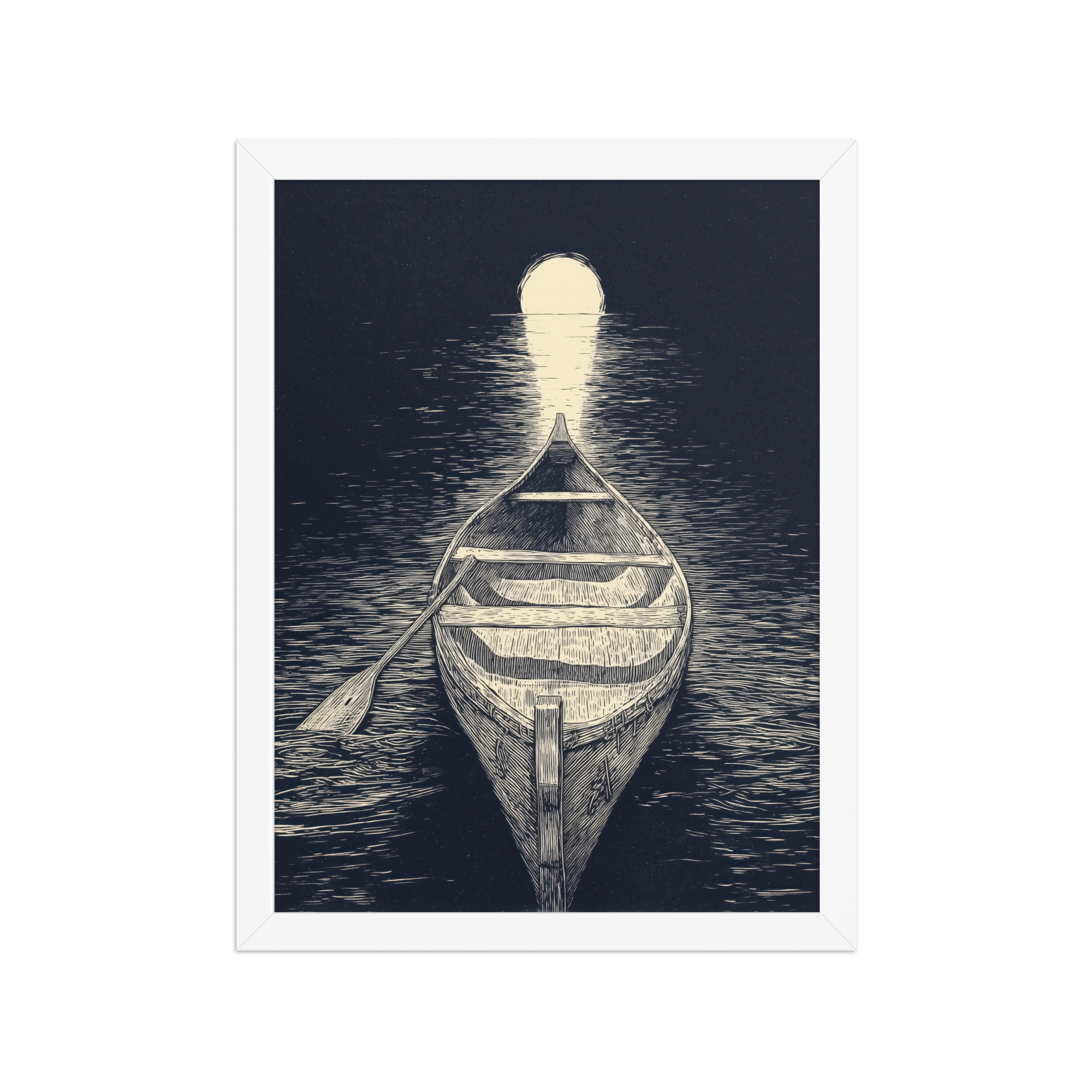 Moonlit Canoe — Woodcut Night Lake Wall Art — Framed Poster - Image 12