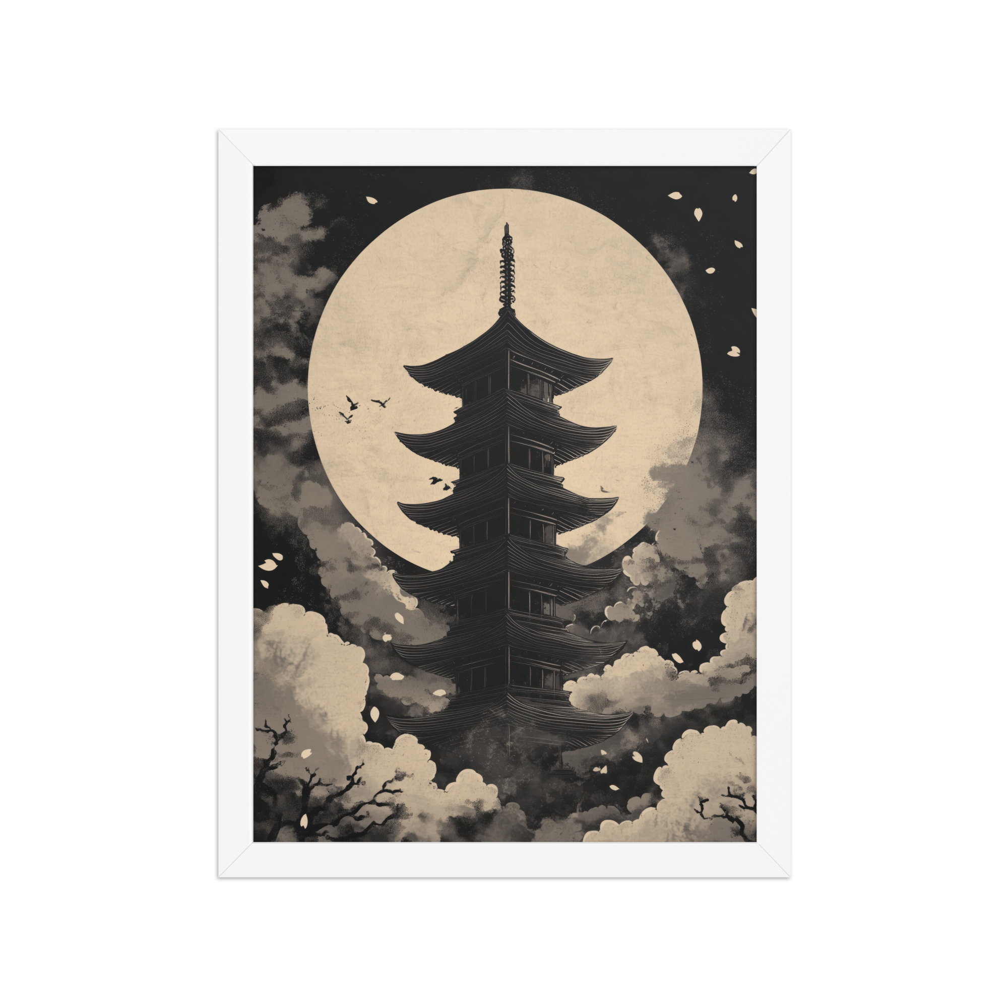 Moonlit Zen Pagoda — Monochrome Pagoda, Japanese Night Wall Art — Framed Poster - Image 13