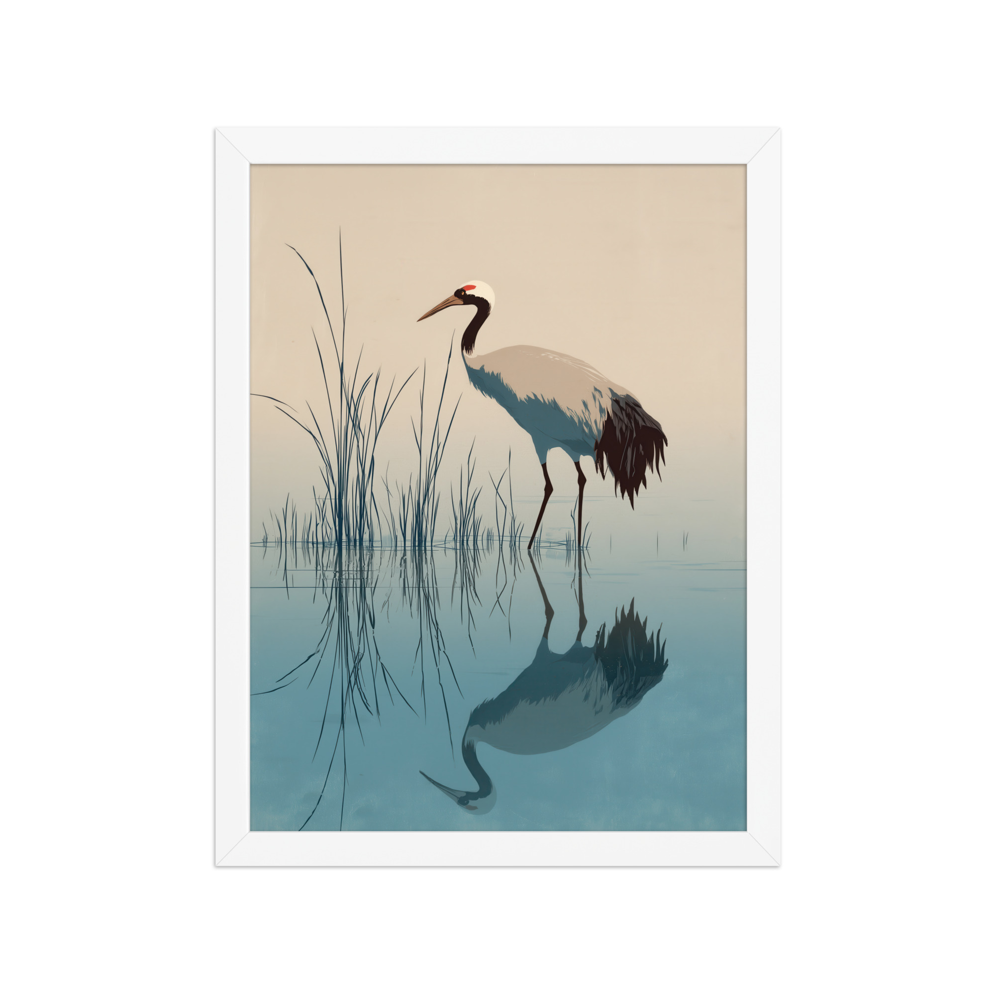 Crane and Reflection Stillness – Minimal Ukiyo-e Bird Wall Art – Framed Poster - Image 19